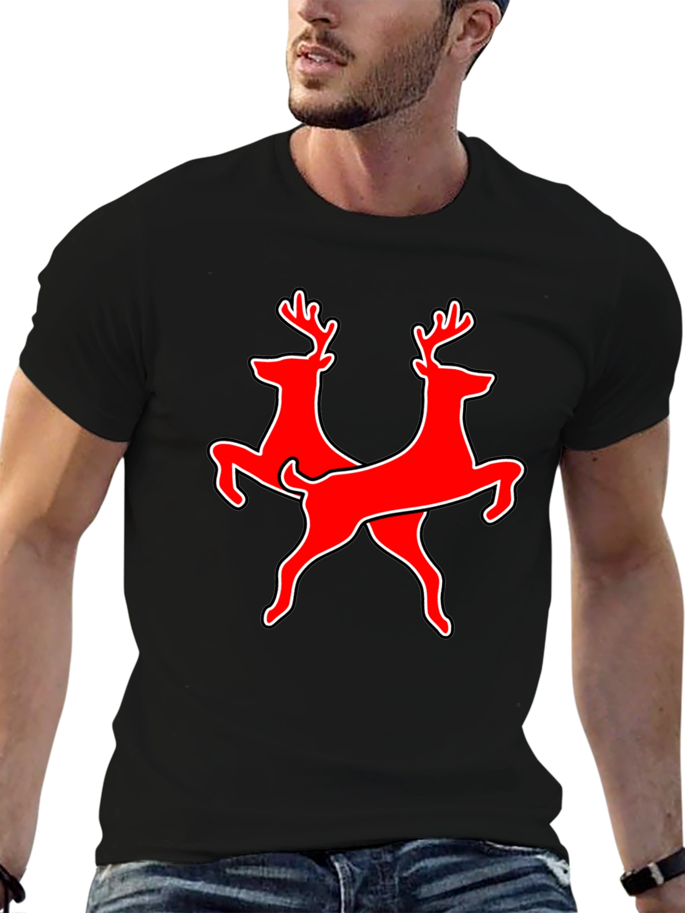 Twin Deer Graphic Tee - Black Cotton T-Shirt