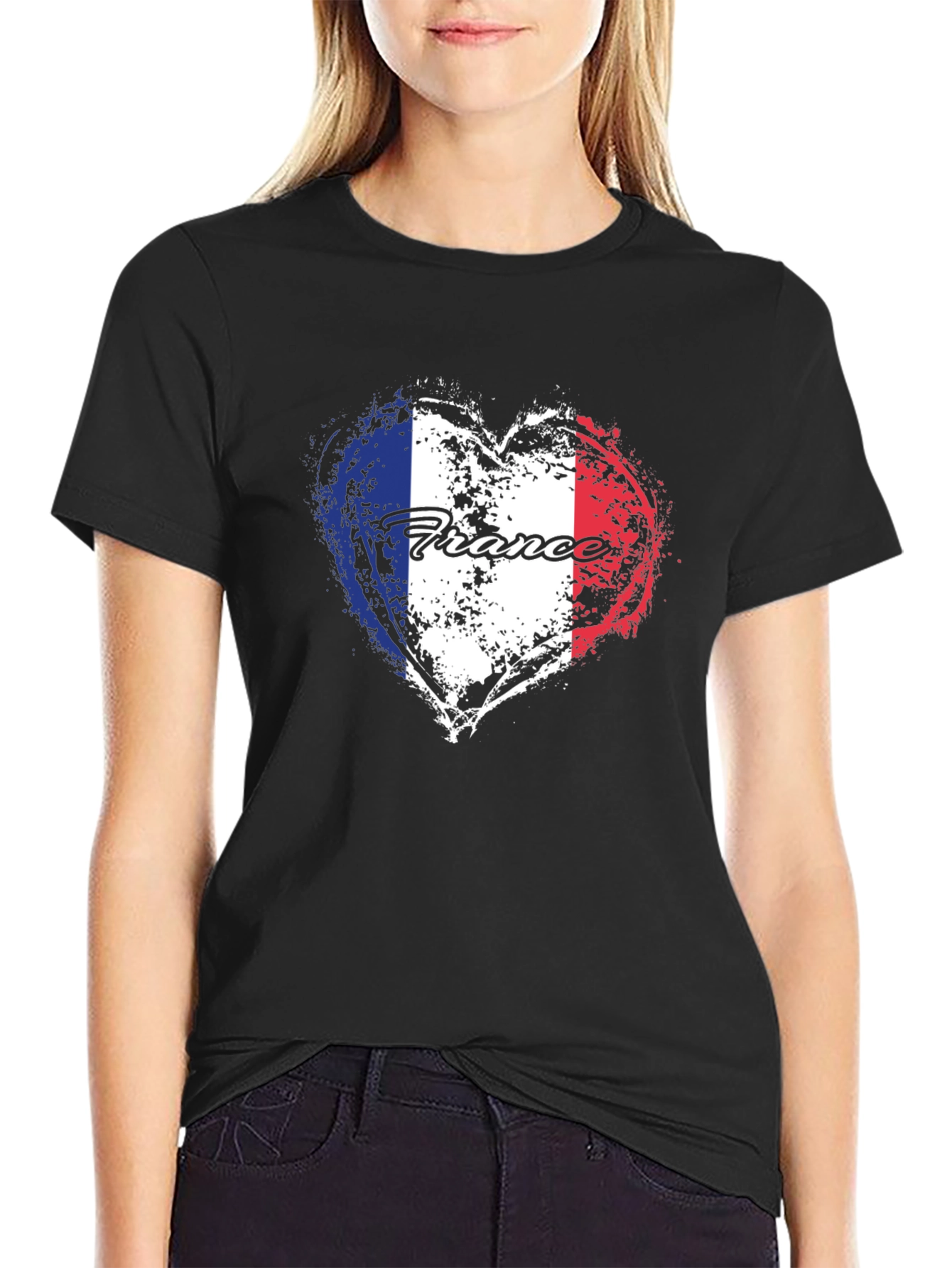 France Flag Heart T-Shirt - Black Graphic Tee