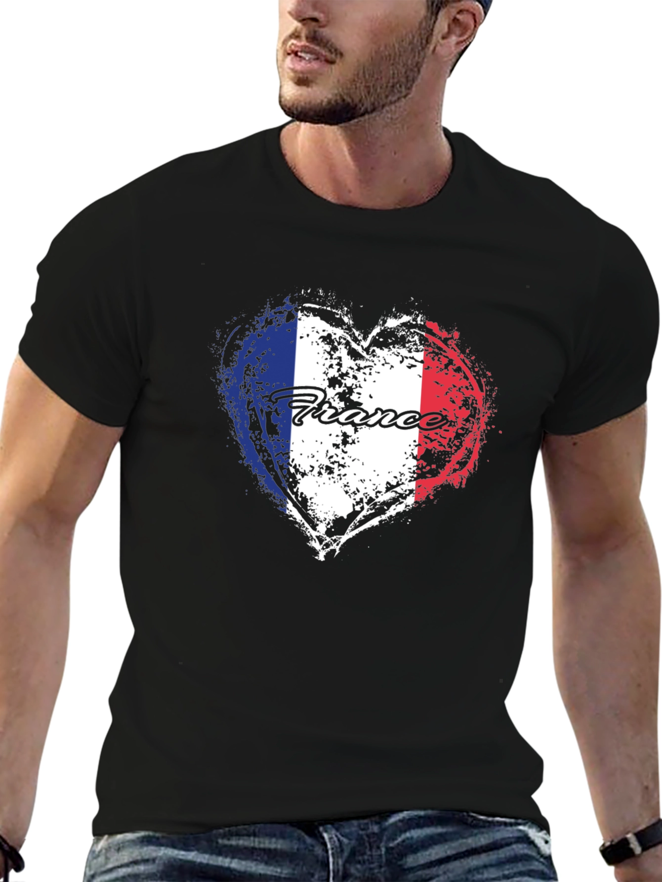 France Flag Heart T-Shirt - Black Graphic Tee