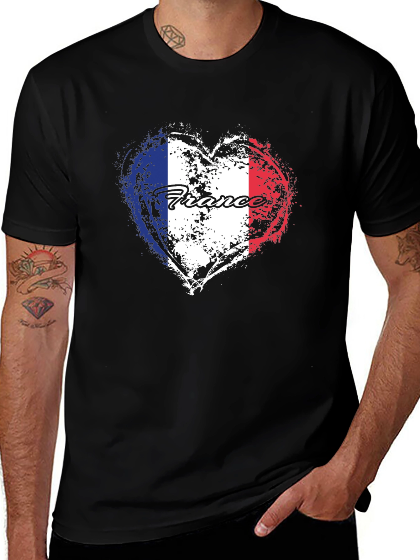 France Flag Heart T-Shirt - Black Graphic Tee