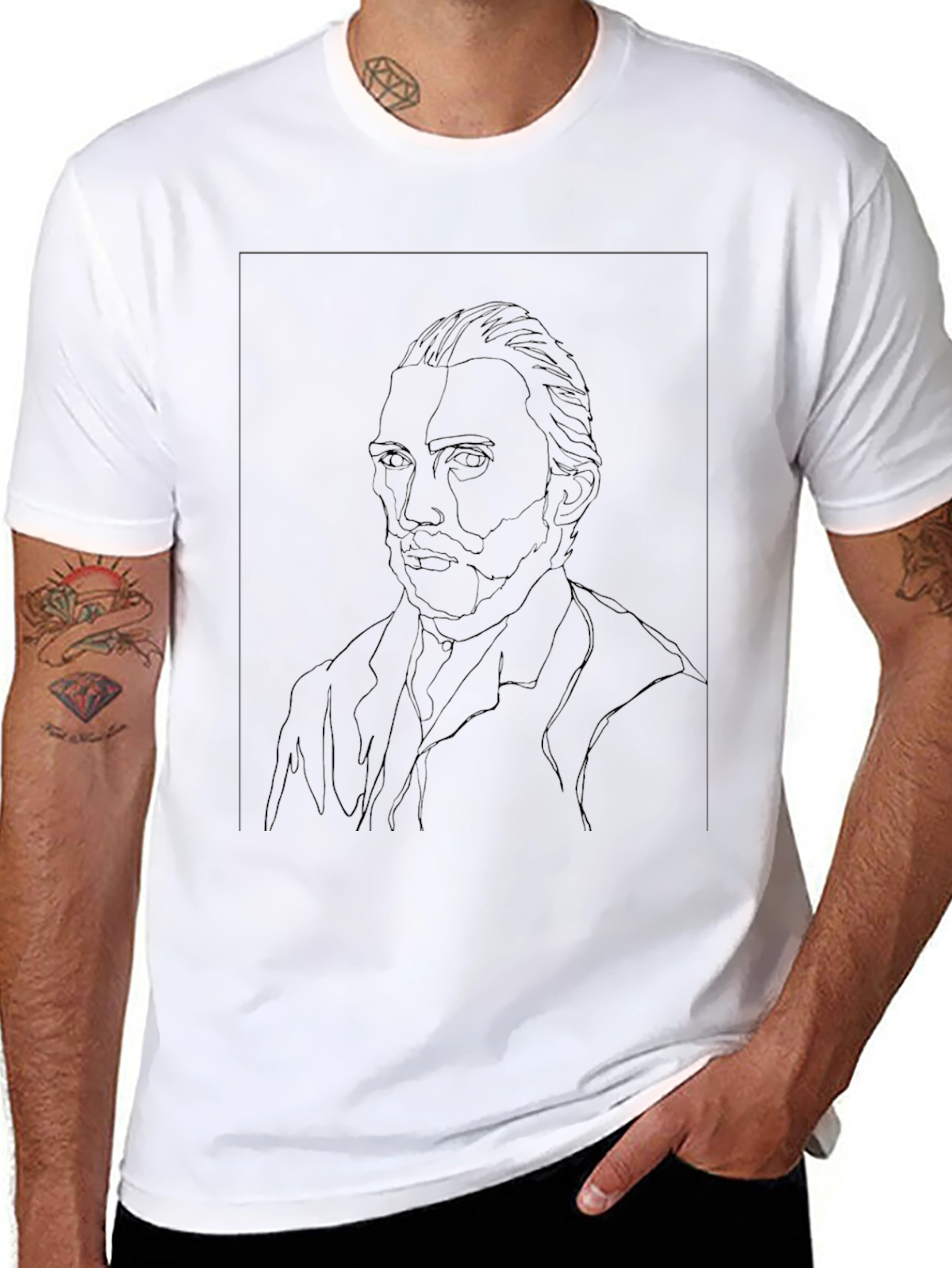 Van Gogh Line Art Black T-Shirt