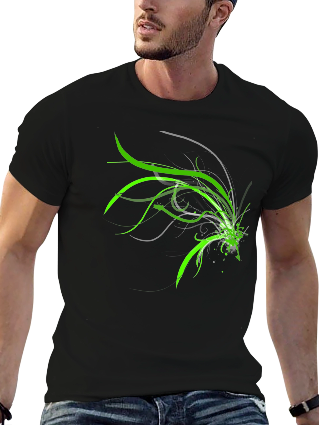 Abstract Green Graphic Print Black T-Shirt