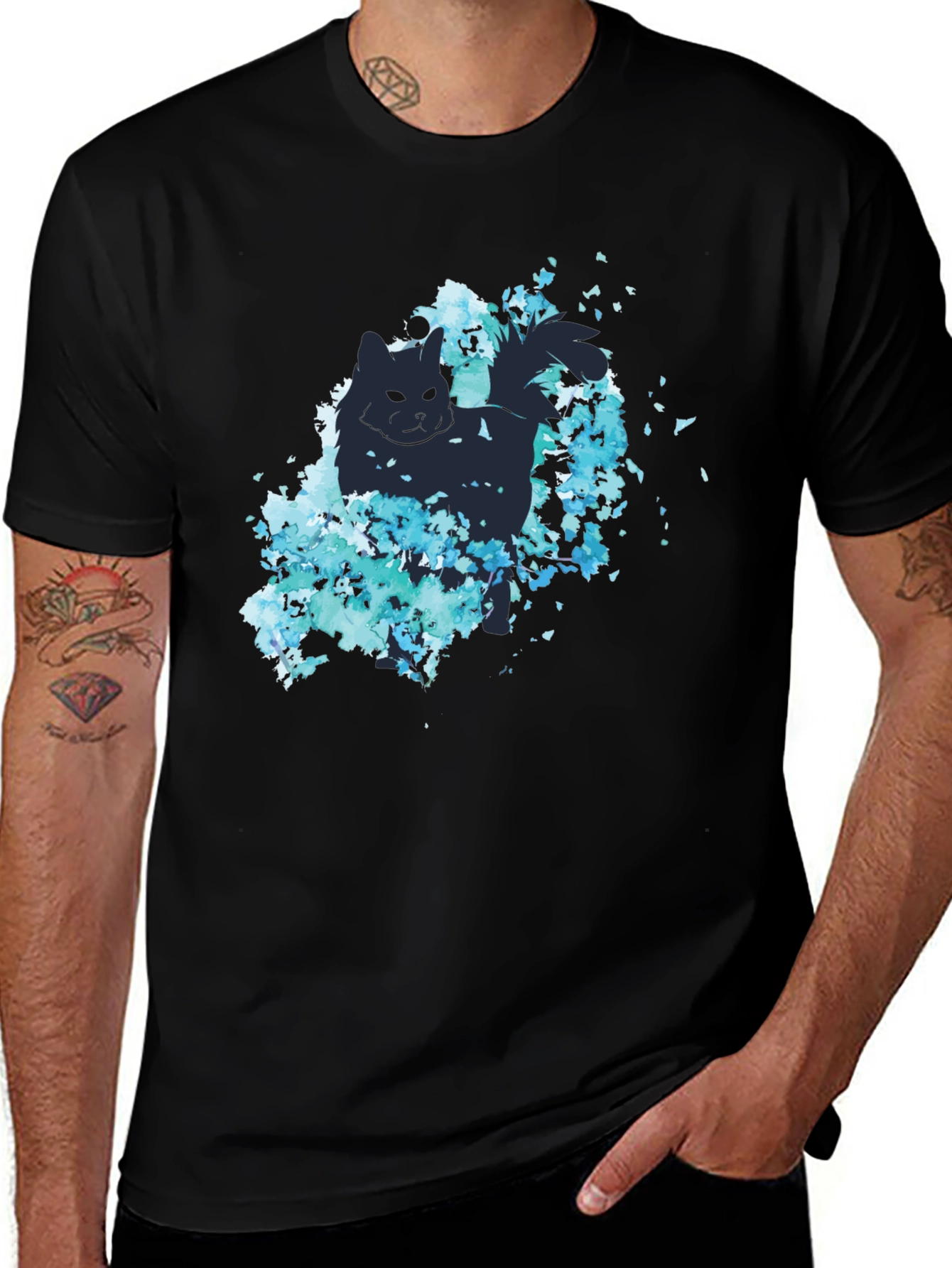 Cat Silhouette Floral T-Shirt - Stylish Black Tee