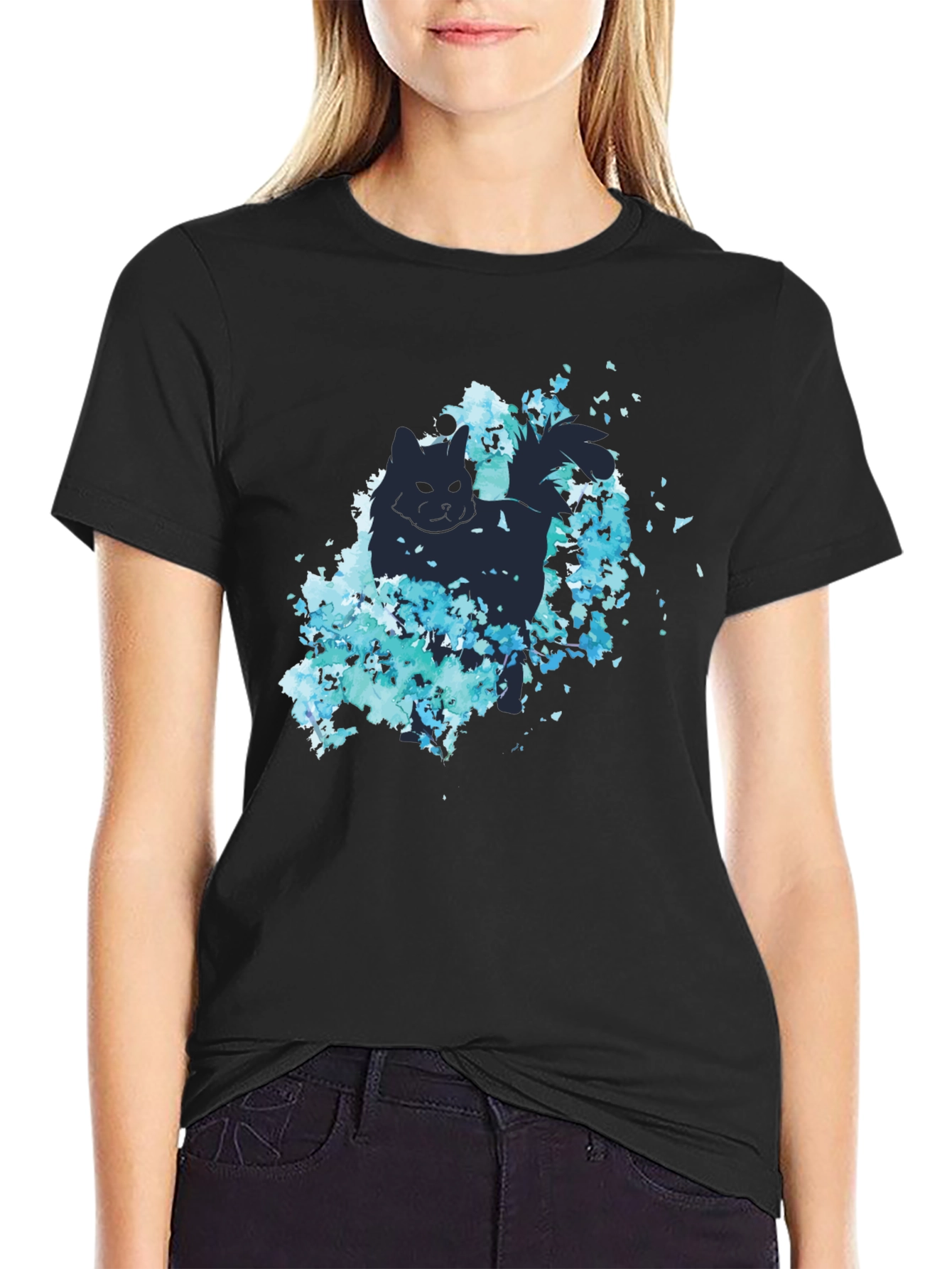 Cat Silhouette Floral T-Shirt - Stylish Black Tee