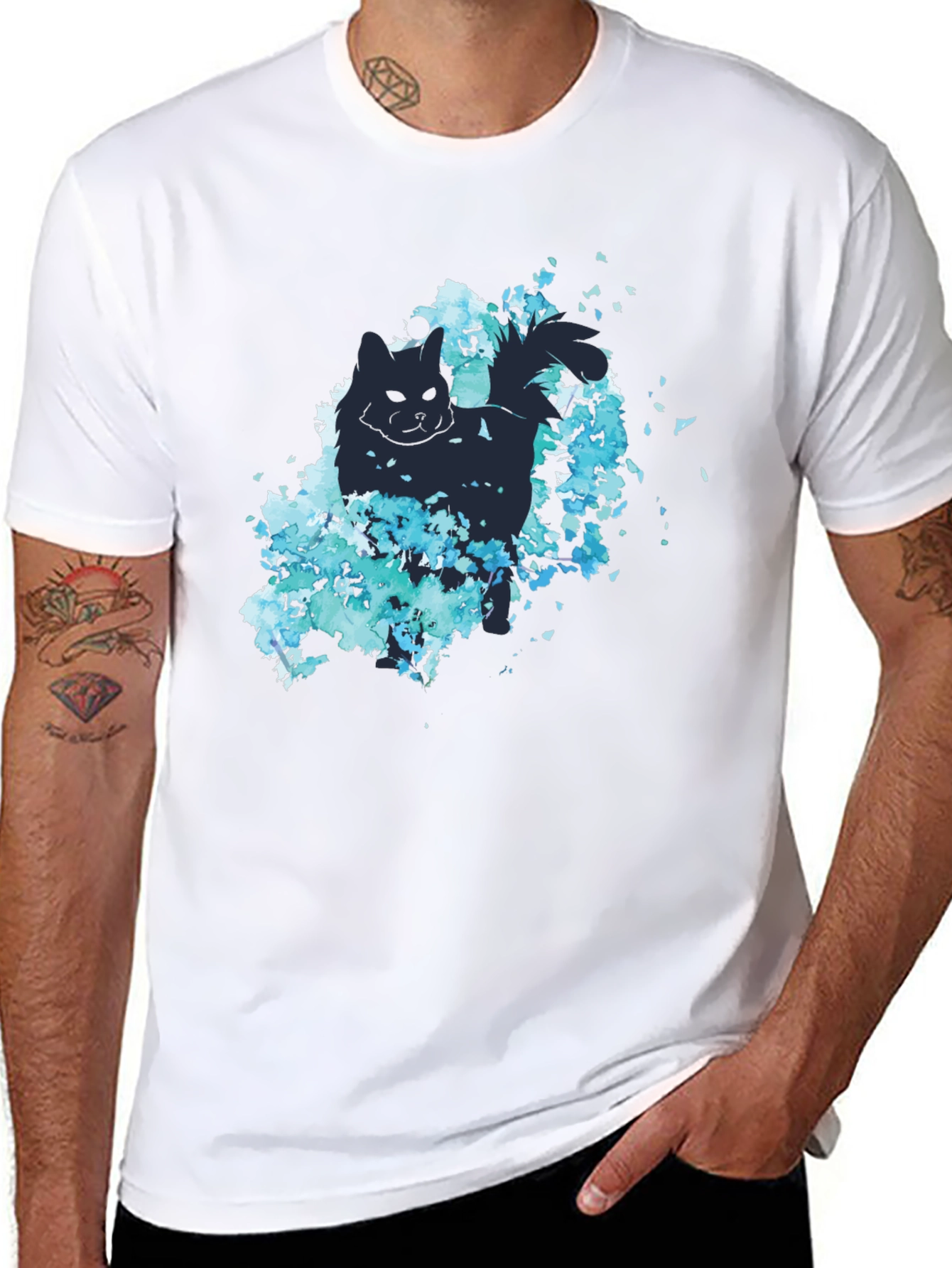 Cat Silhouette Floral T-Shirt - Stylish Black Tee