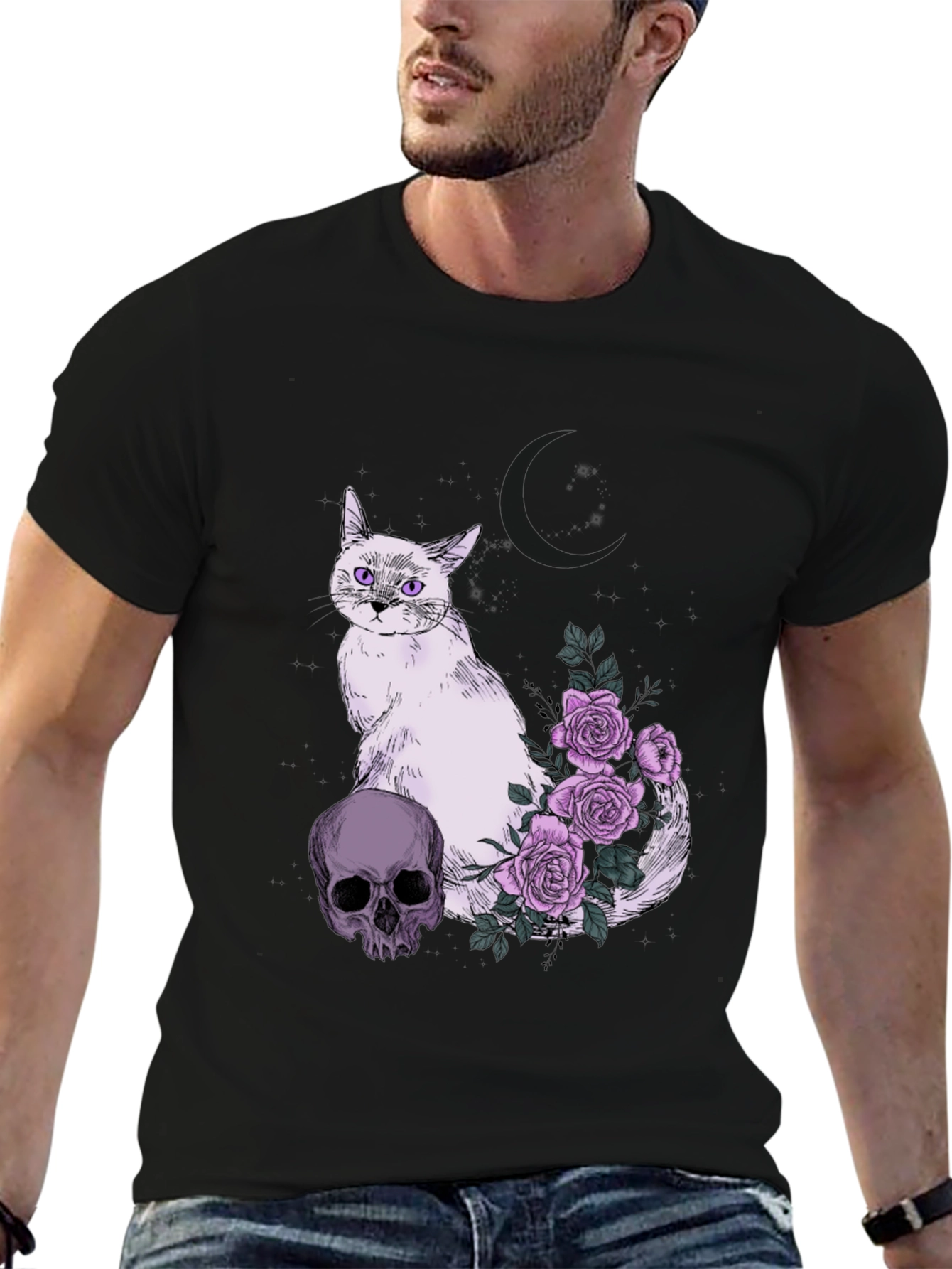 Gothic Cat Skull & Roses T-Shirt