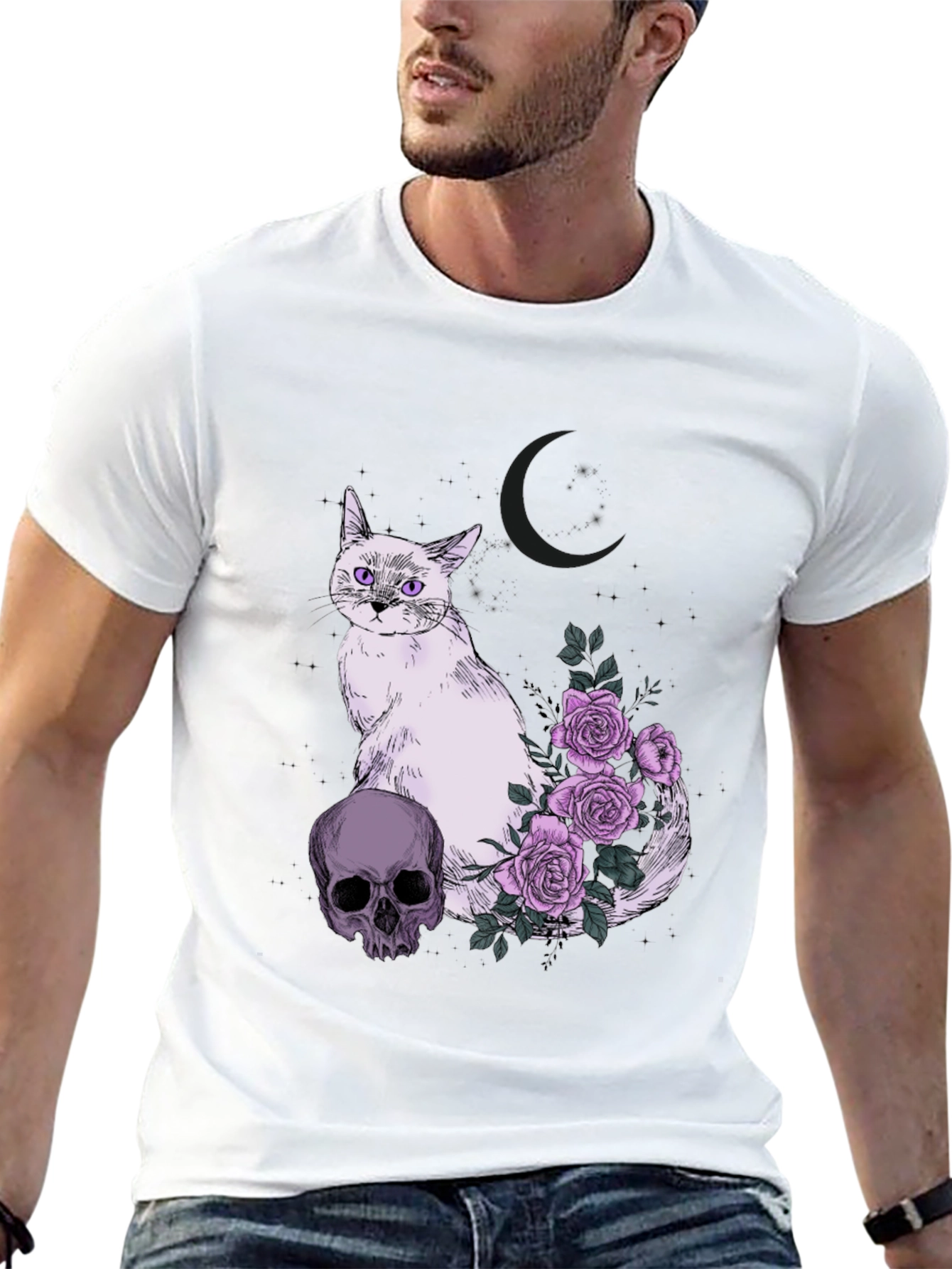 Gothic Cat Skull & Roses T-Shirt