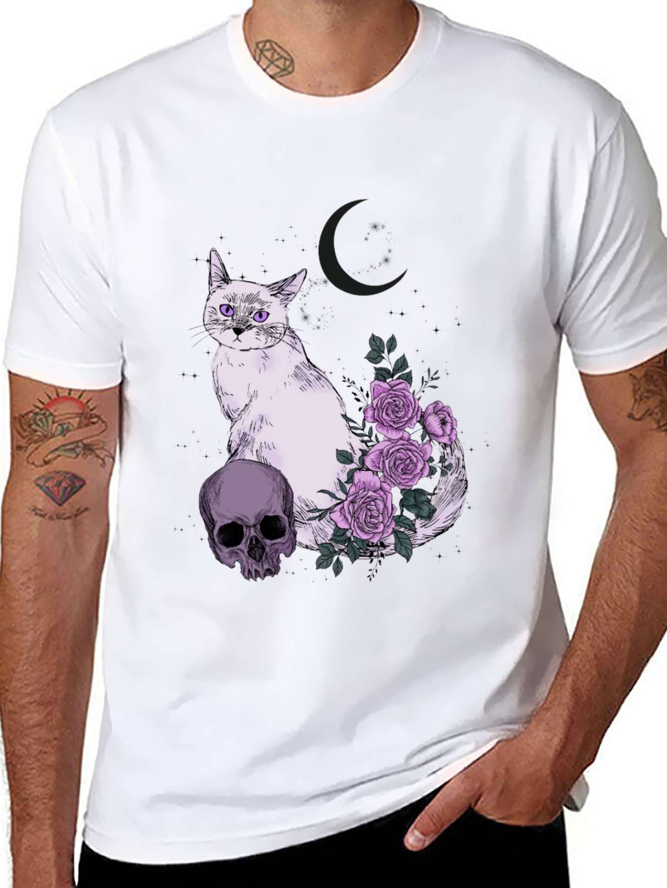 Gothic Cat Skull & Roses T-Shirt