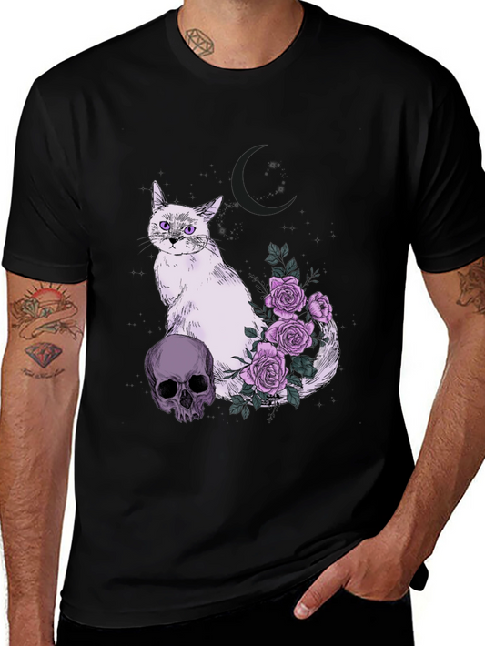 Gothic Cat Skull & Roses T-Shirt