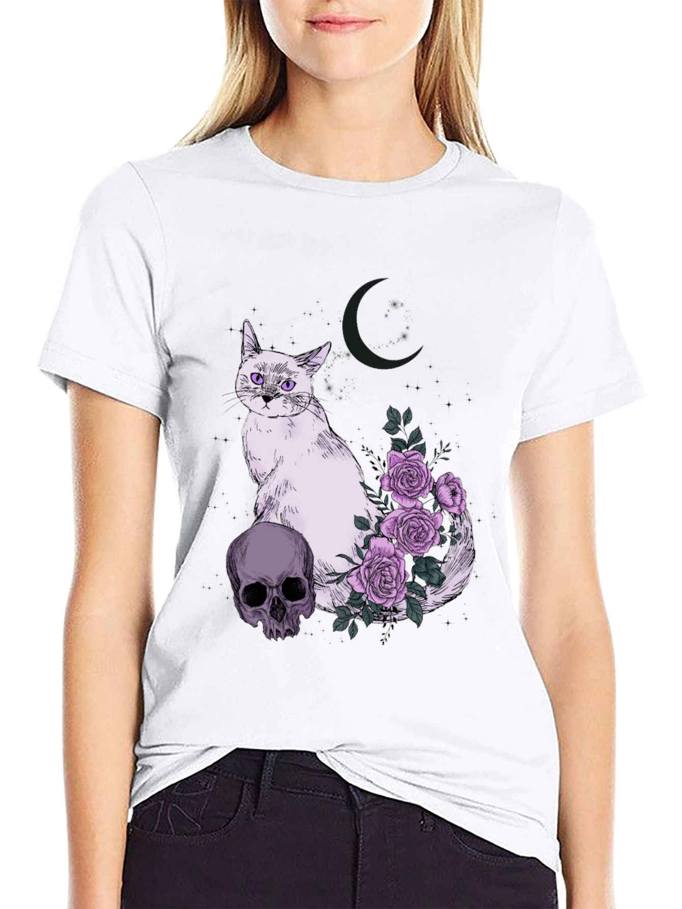 Gothic Cat Skull & Roses T-Shirt