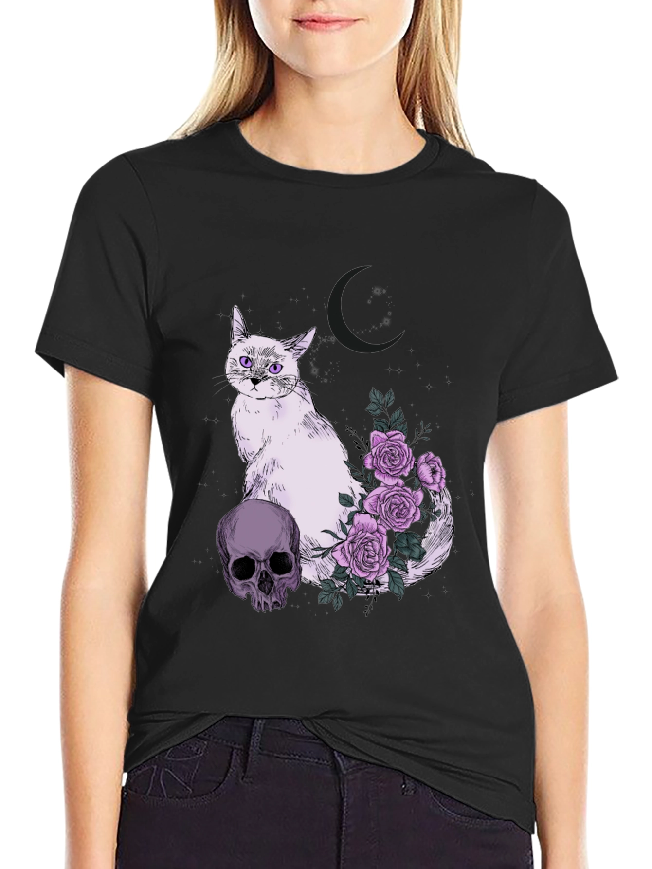 Gothic Cat Skull & Roses T-Shirt