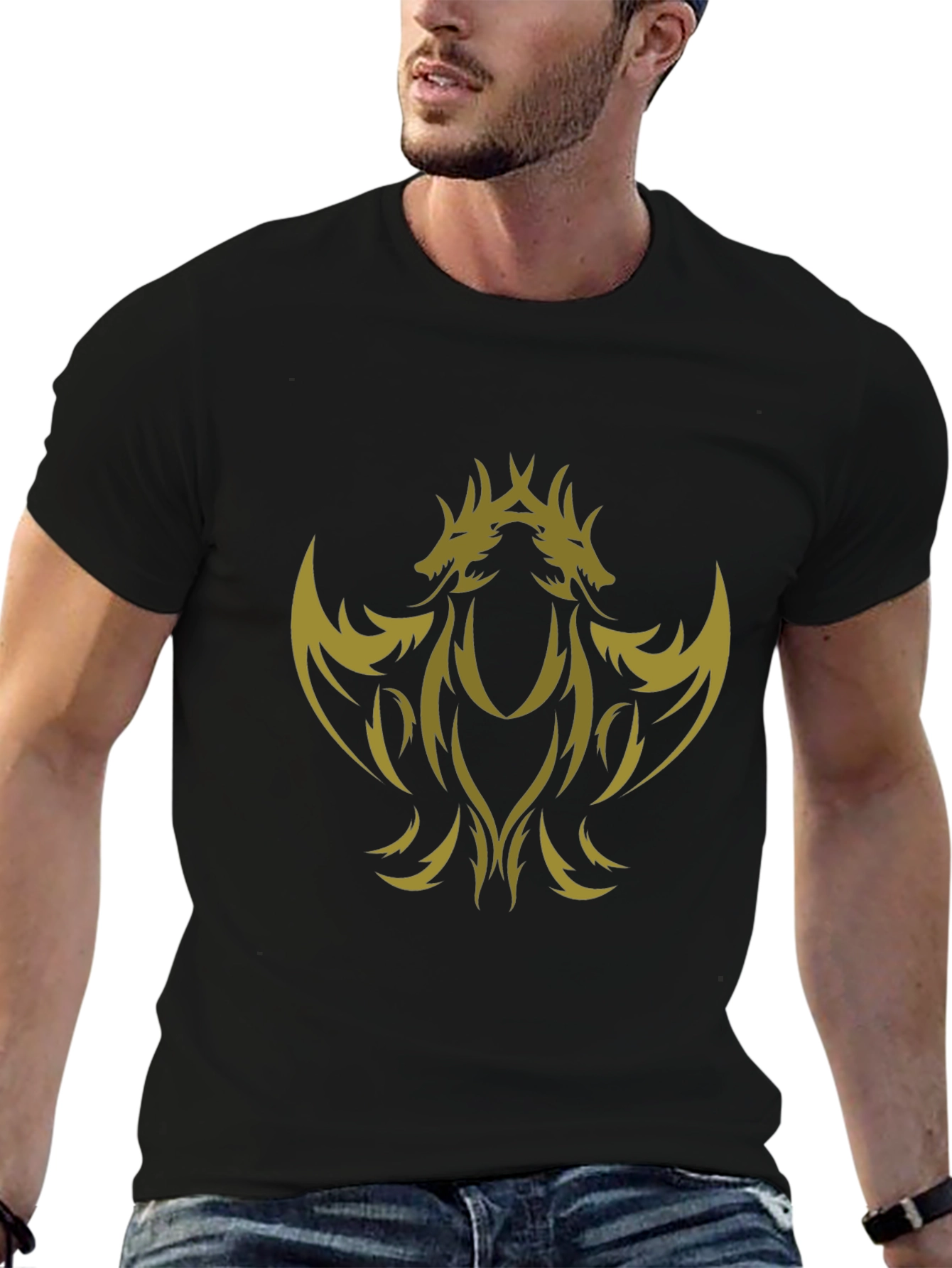 Black T-Shirt with Gold Dragon Design