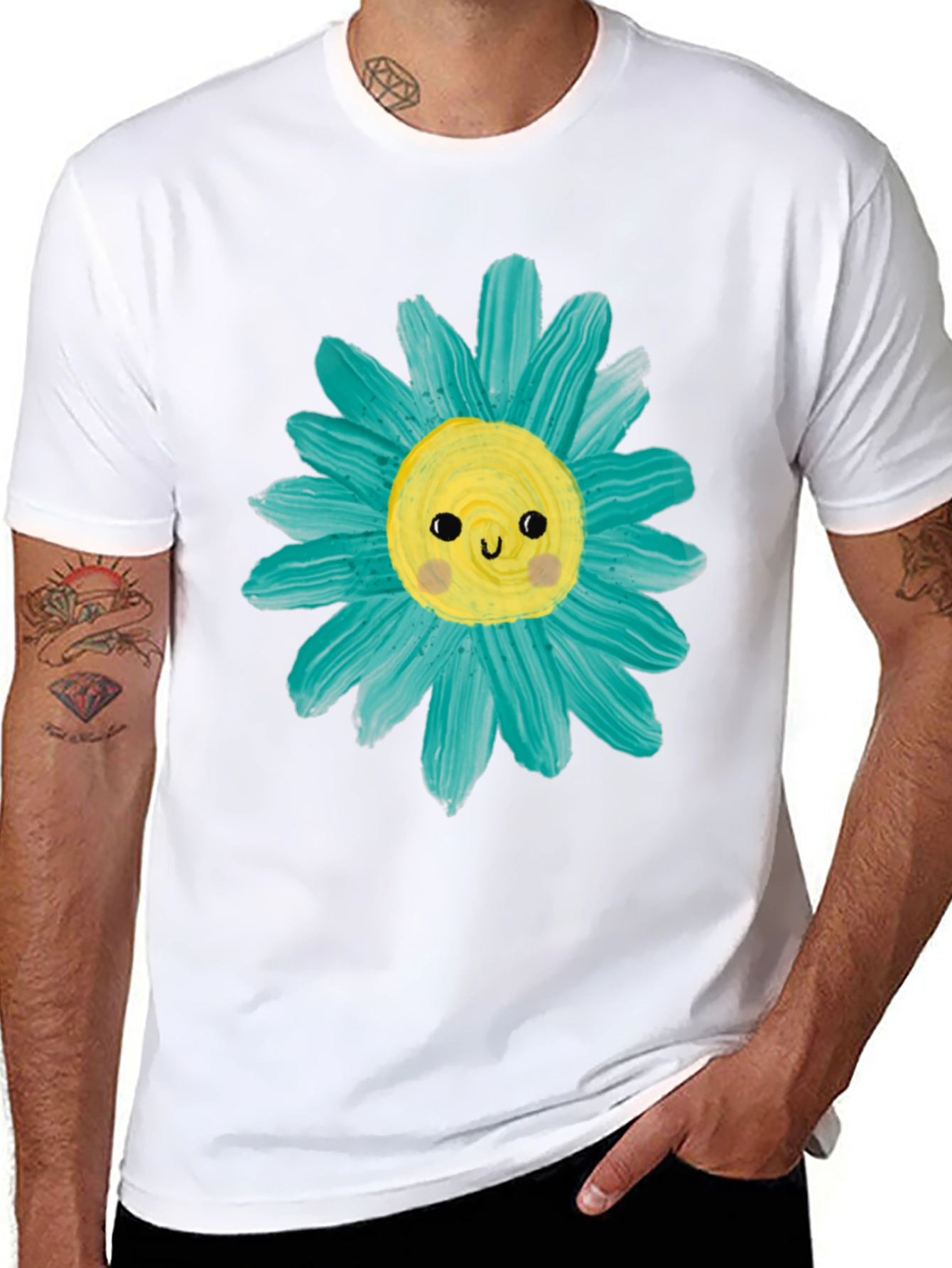 Cute Flower Graphic Tee -  Mens Black Casual T-Shirt