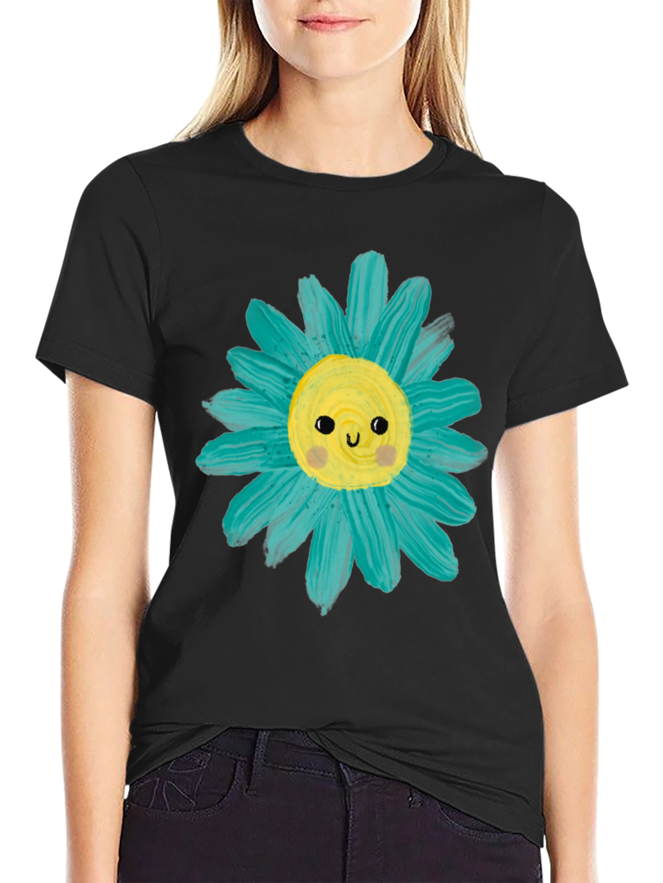 Cute Flower Graphic Tee -  Mens Black Casual T-Shirt