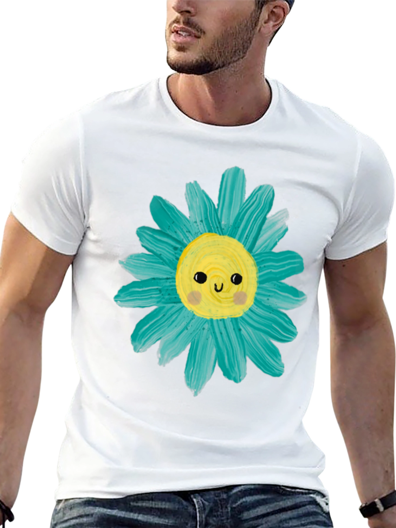 Cute Flower Graphic Tee -  Mens Black Casual T-Shirt