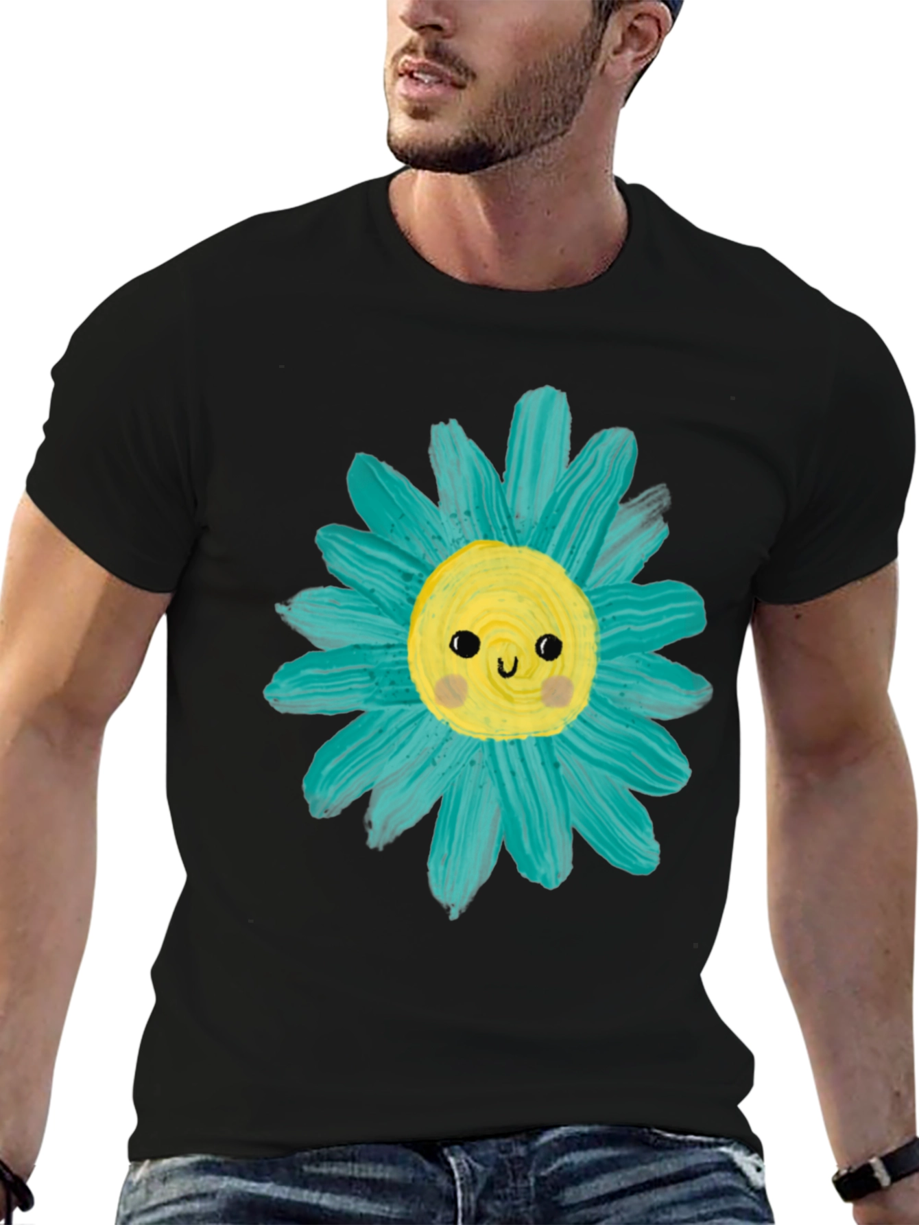 Cute Flower Graphic Tee -  Mens Black Casual T-Shirt