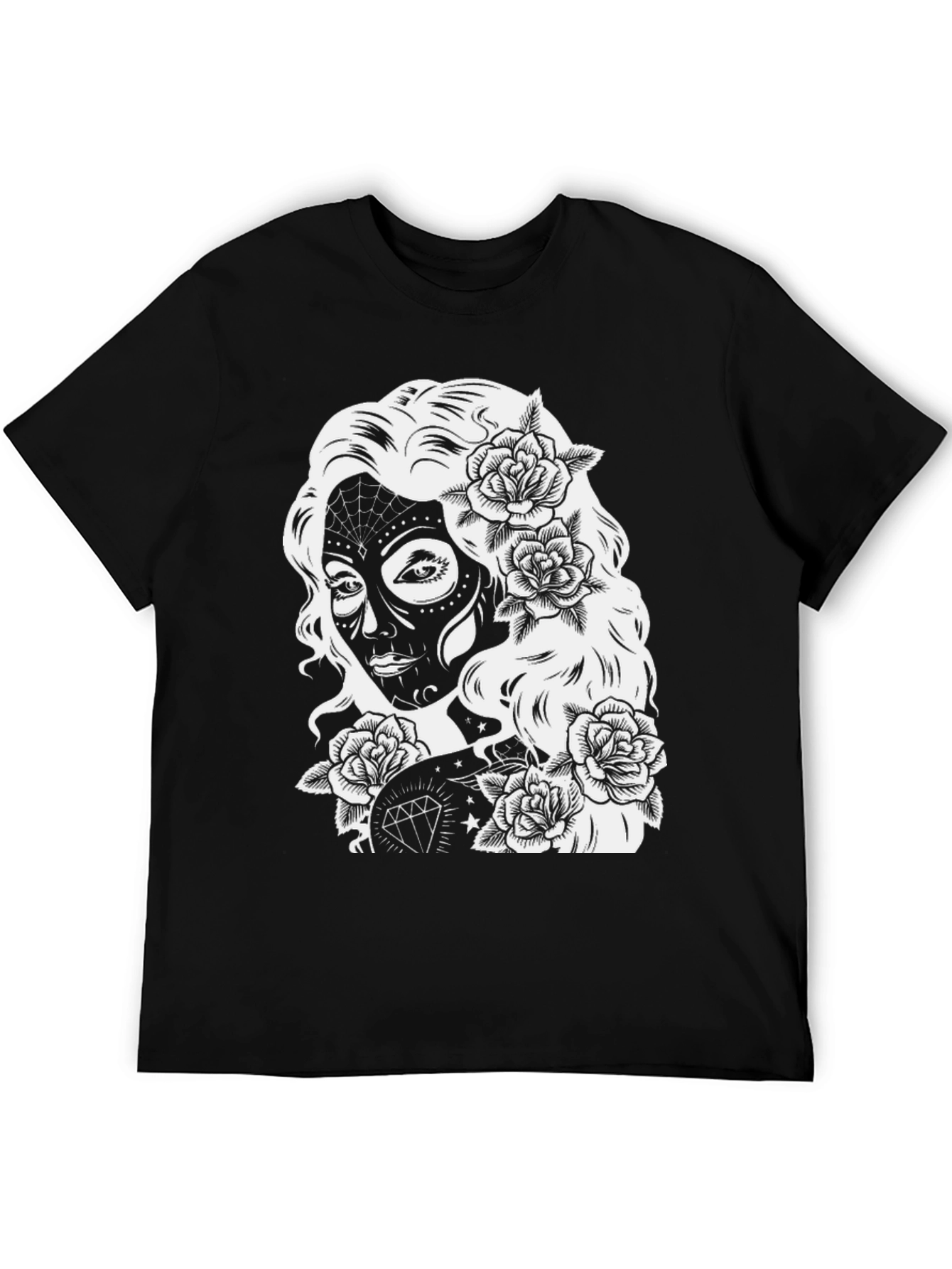 Sugar Skull Woman Rose Graphic Black T-Shirt