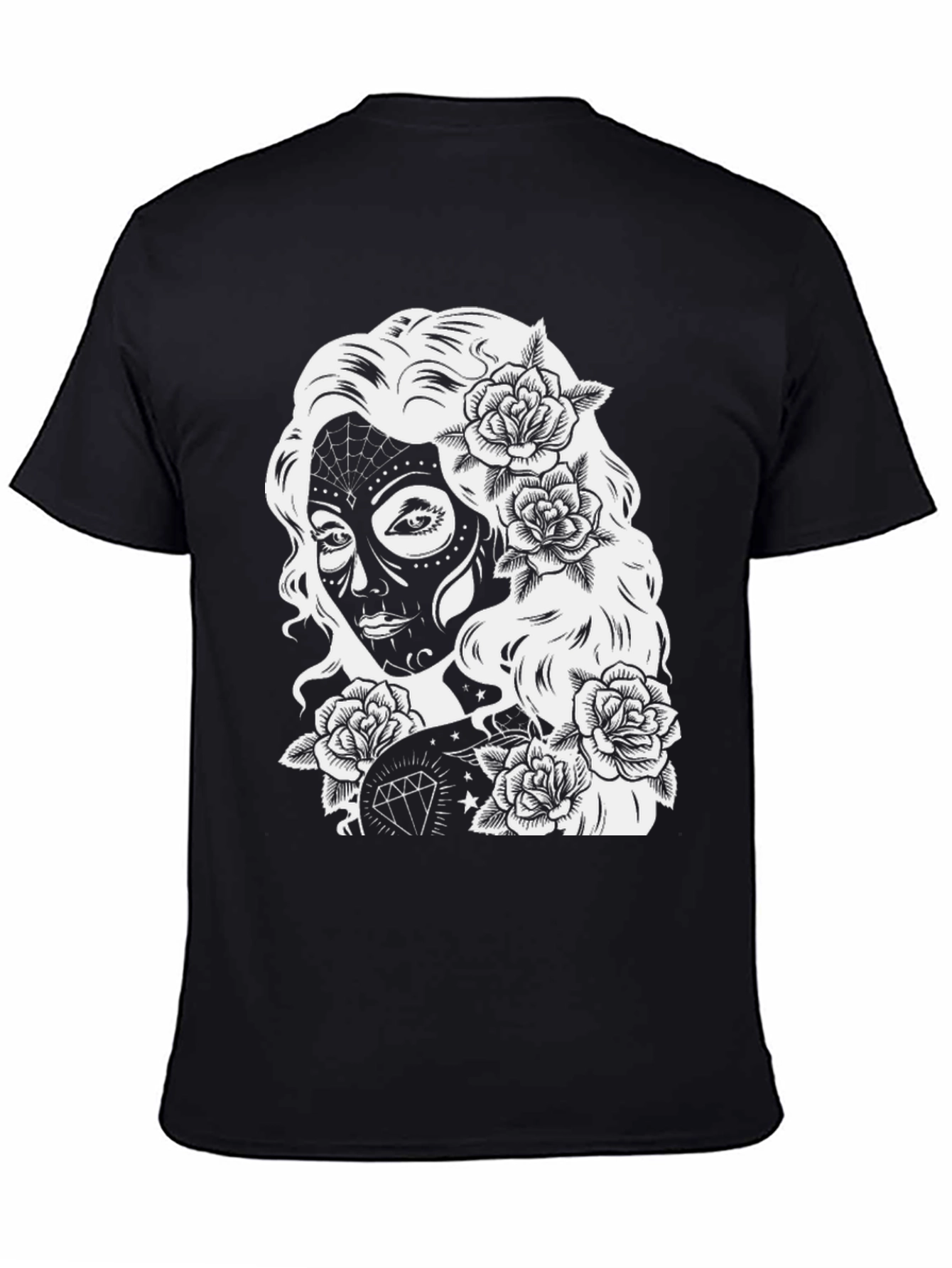 Sugar Skull Woman Rose Graphic Black T-Shirt