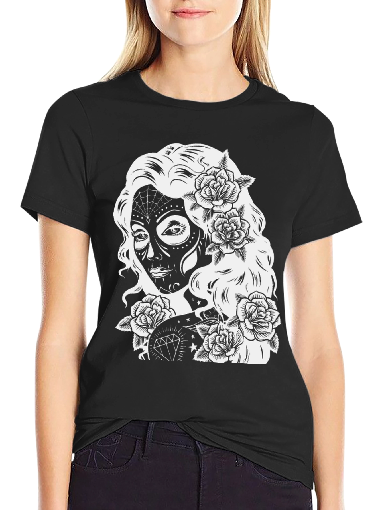 Sugar Skull Woman Rose Graphic Black T-Shirt