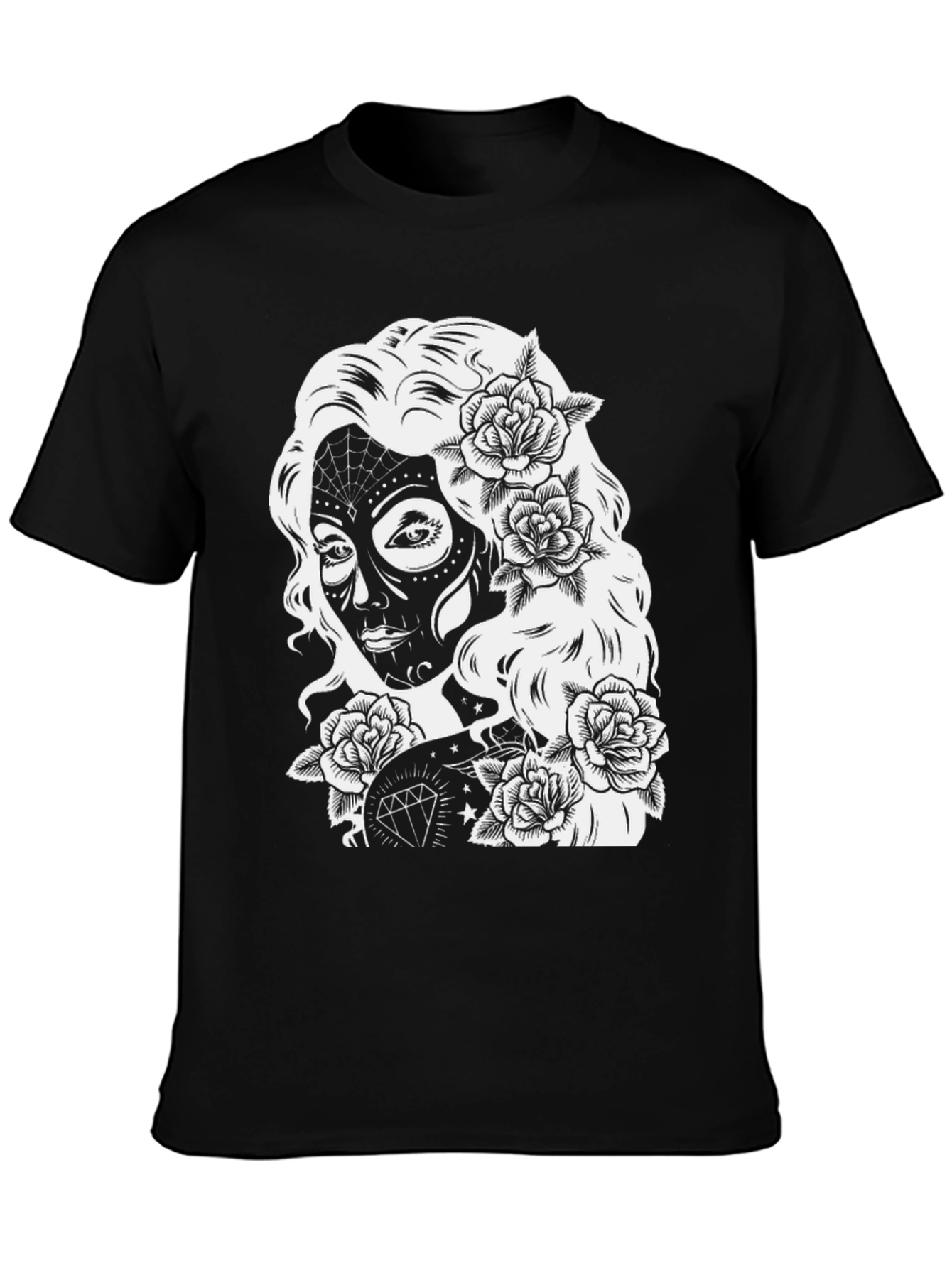 Sugar Skull Woman Rose Graphic Black T-Shirt