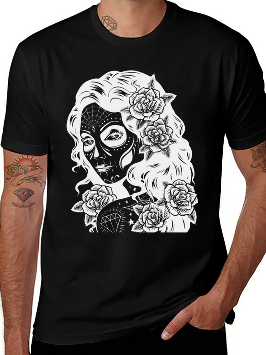 Sugar Skull Woman Rose Graphic Black T-Shirt