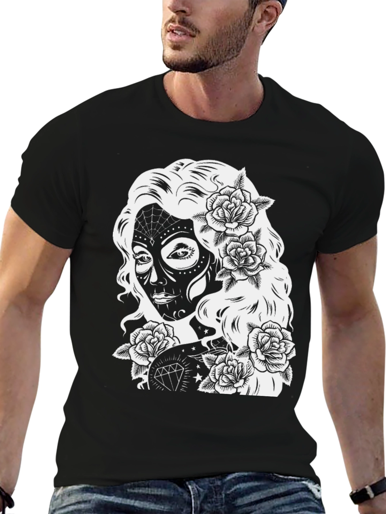 Sugar Skull Woman Rose Graphic Black T-Shirt