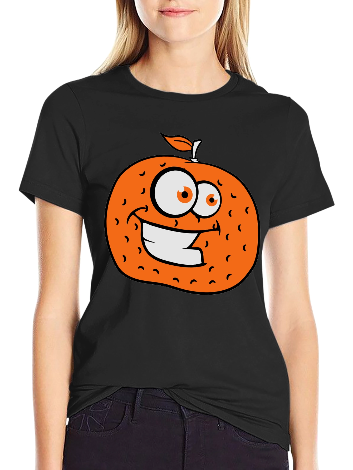 Orange Cartoon Graphic Black T-Shirt