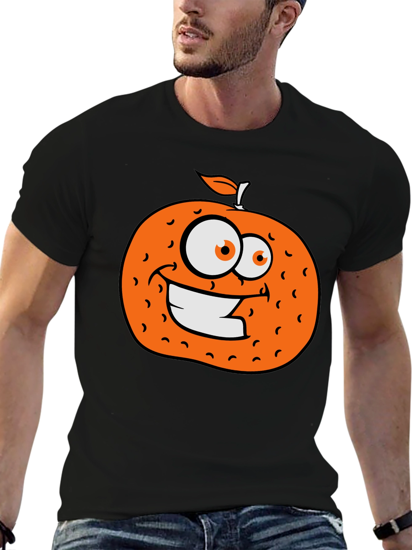 Orange Cartoon Graphic Black T-Shirt