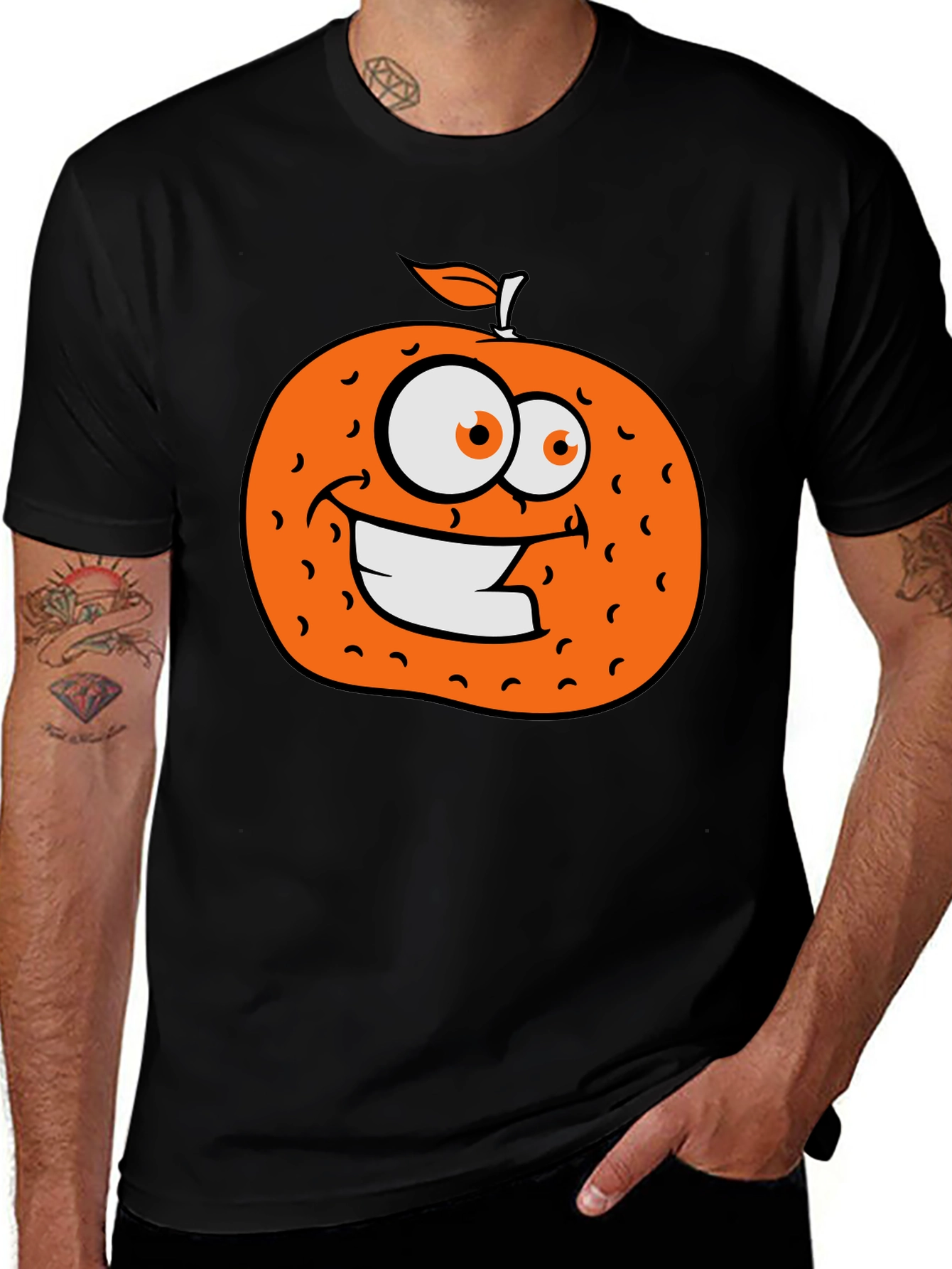 Orange Cartoon Graphic Black T-Shirt