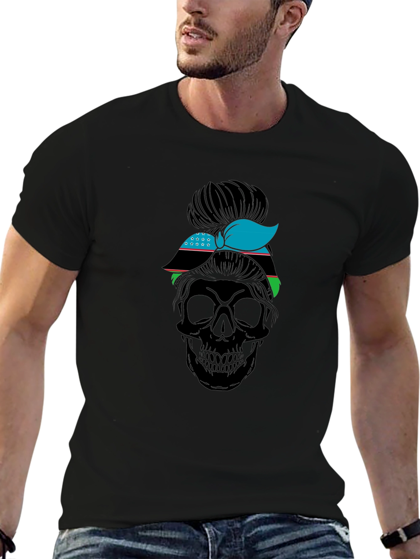 Skull Messy Bun Uzbekistan Flag T-Shirt
