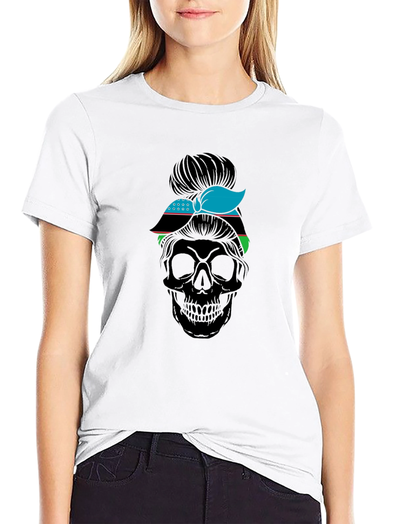 Skull Messy Bun Uzbekistan Flag T-Shirt