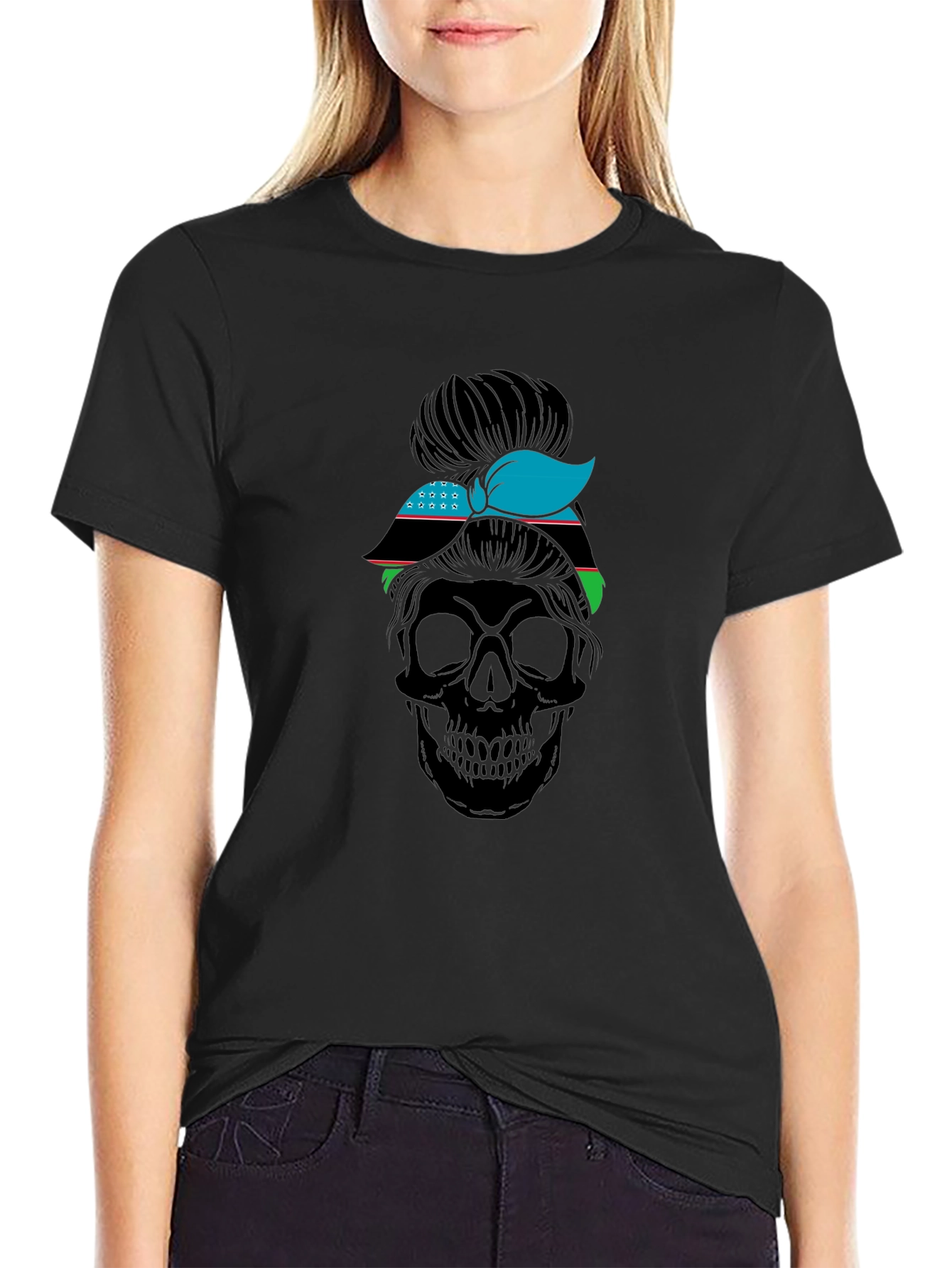 Skull Messy Bun Uzbekistan Flag T-Shirt