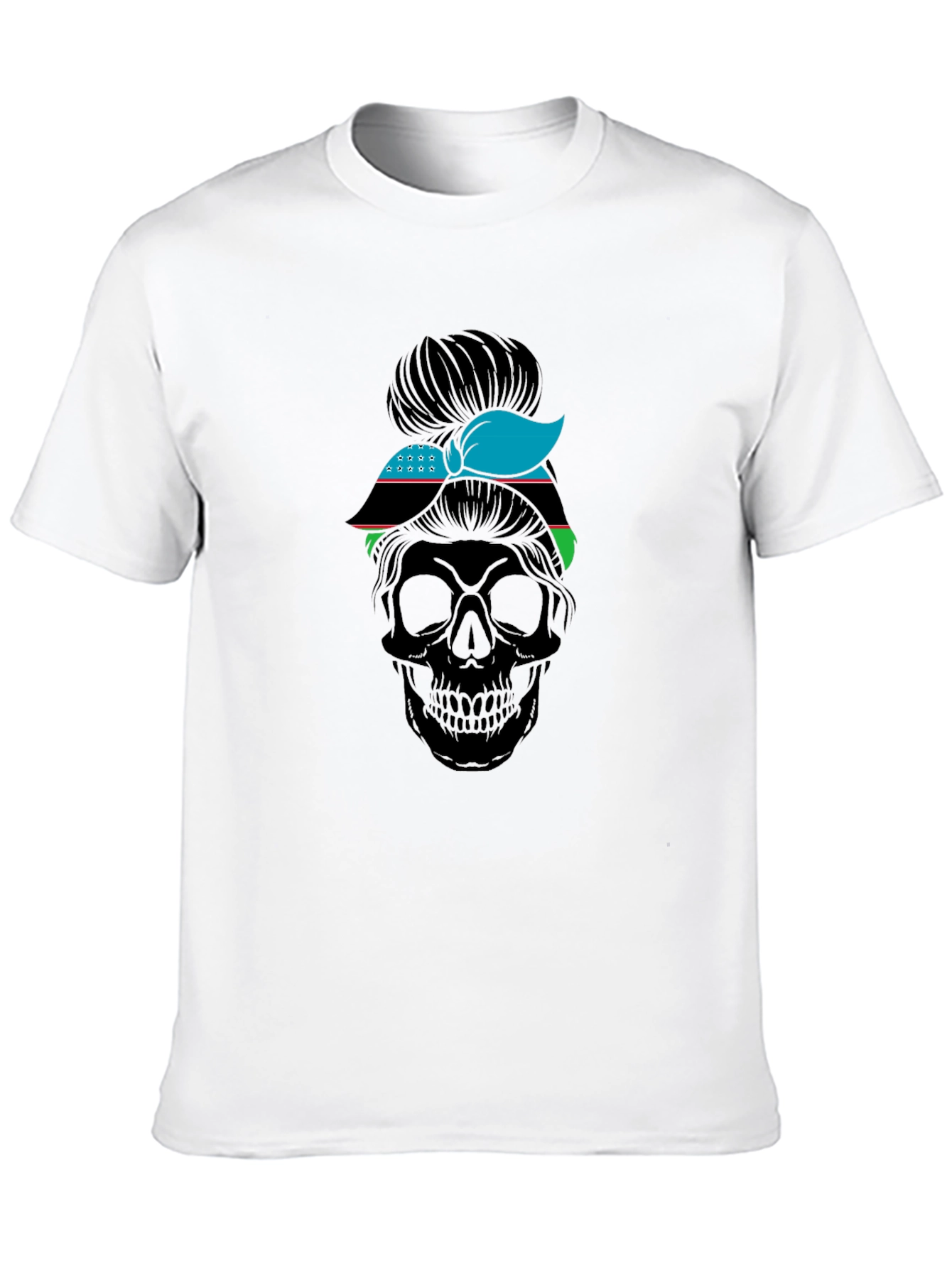 Skull Messy Bun Uzbekistan Flag T-Shirt
