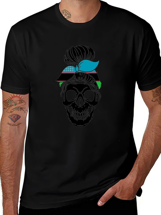 Skull Messy Bun Uzbekistan Flag T-Shirt