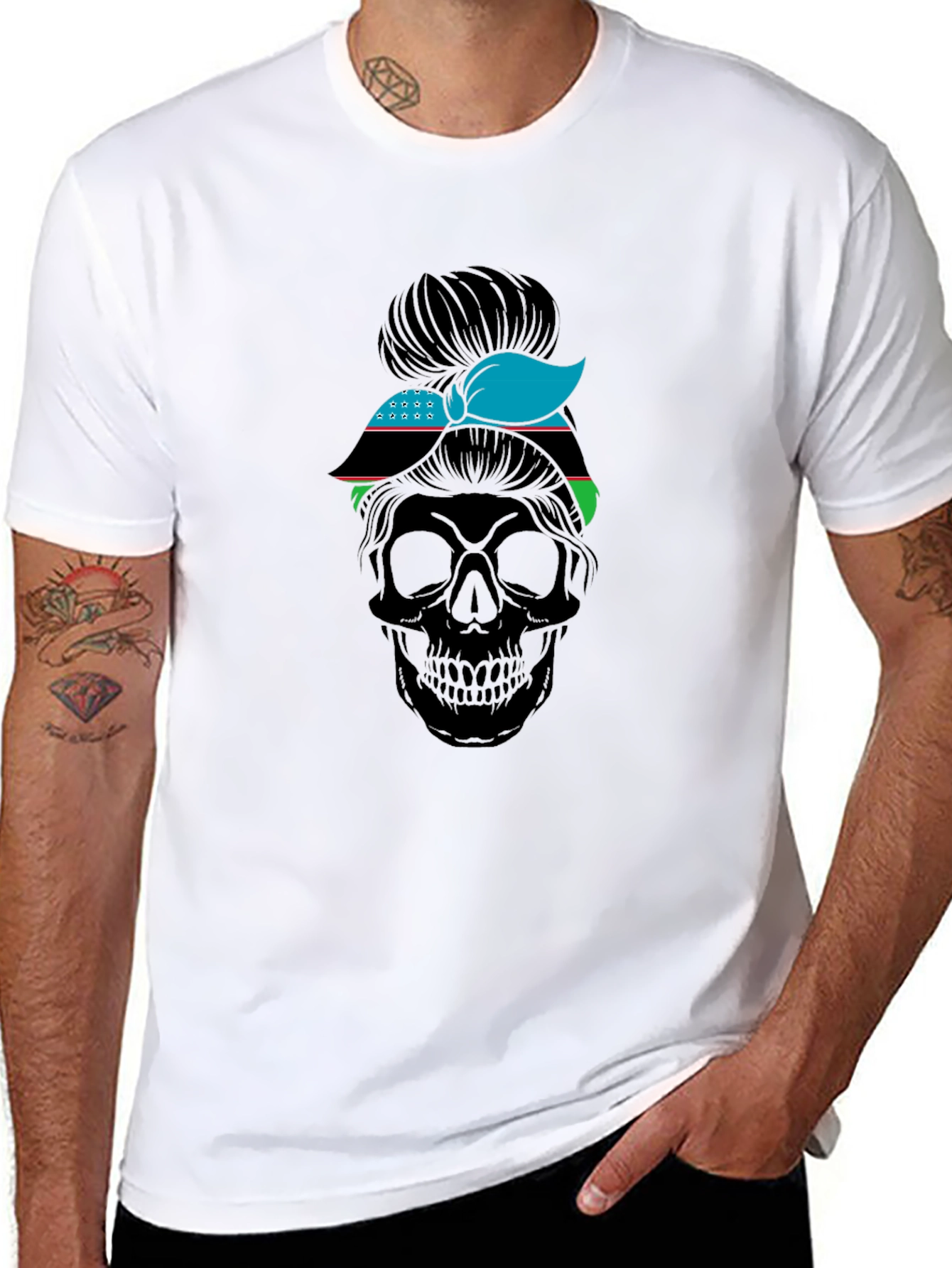 Skull Messy Bun Uzbekistan Flag T-Shirt