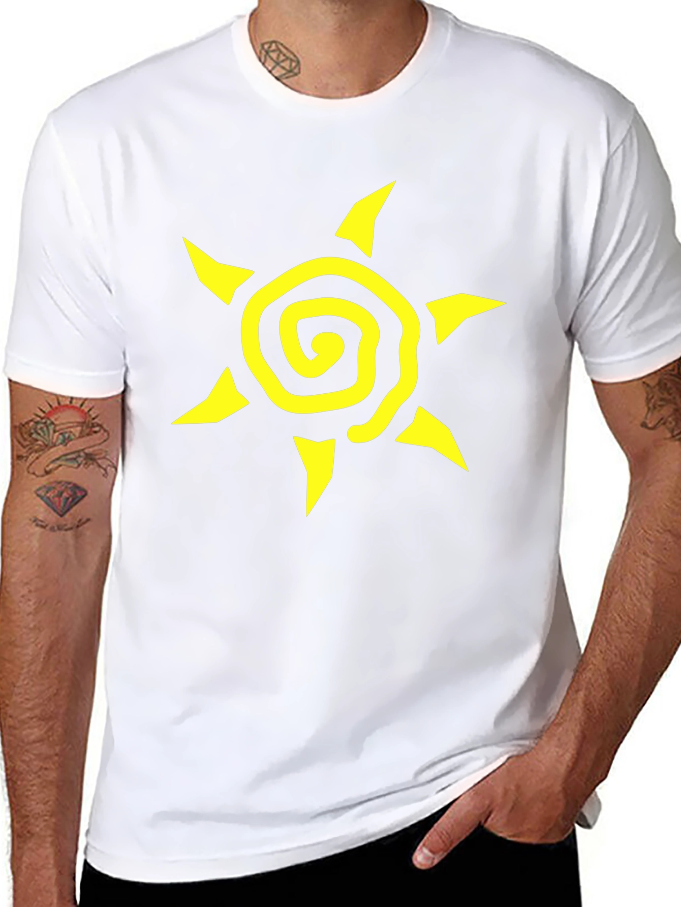 Black T-Shirt with Yellow Spiral Sun Graphic