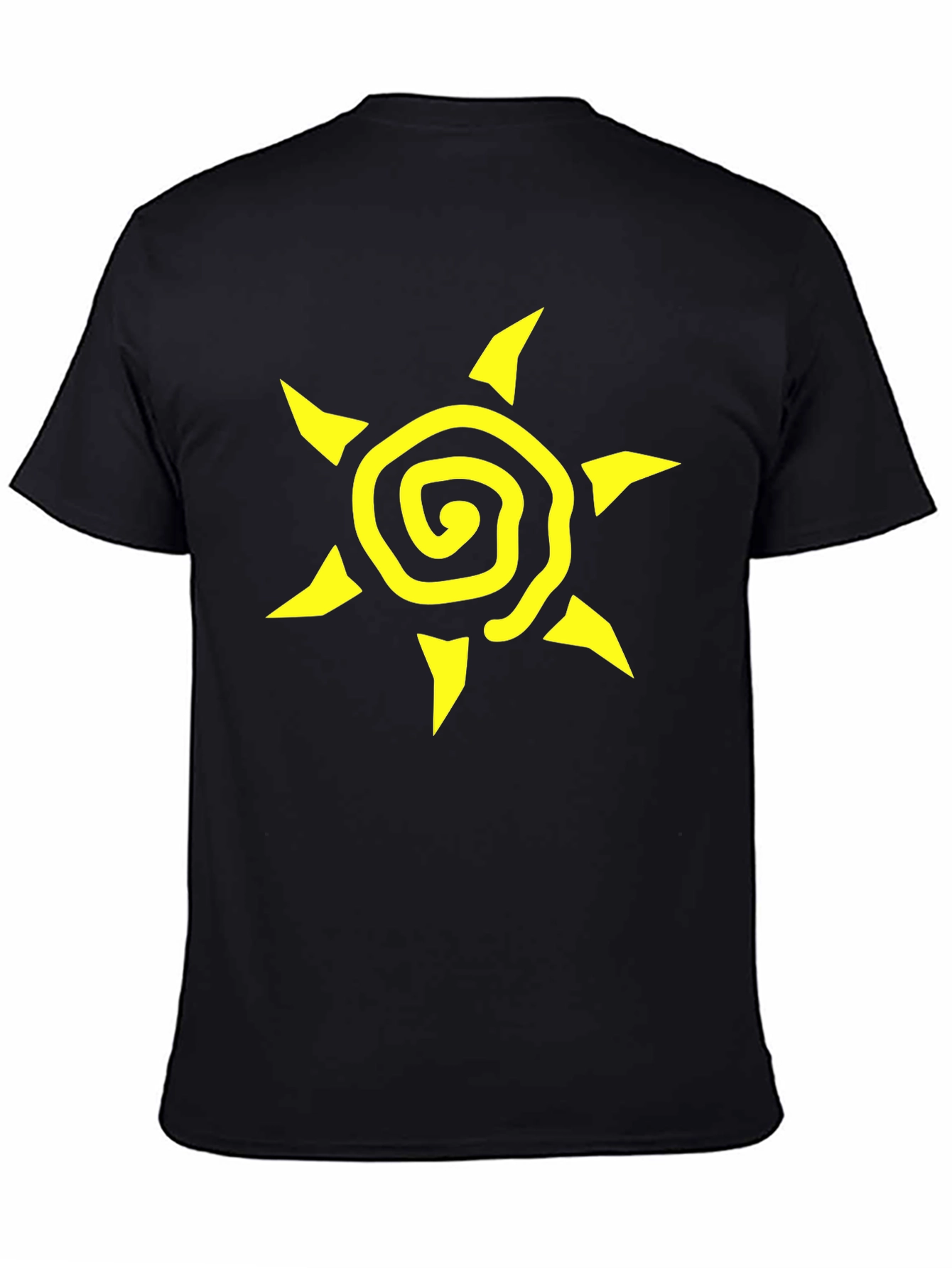 Black T-Shirt with Yellow Spiral Sun Graphic