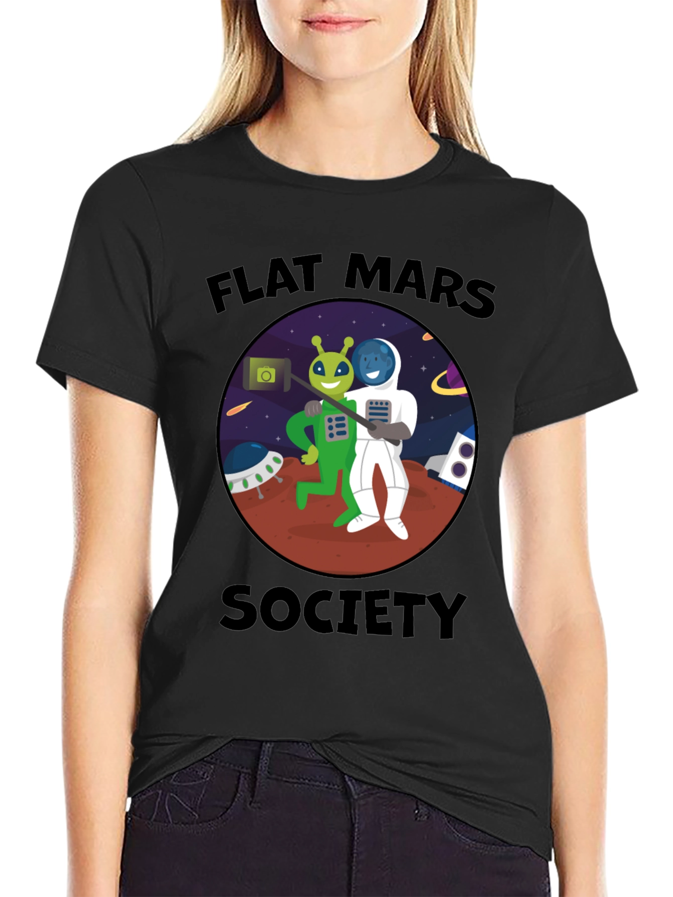 Flat Mars Society T-Shirt - Alien & Astronaut Selfie