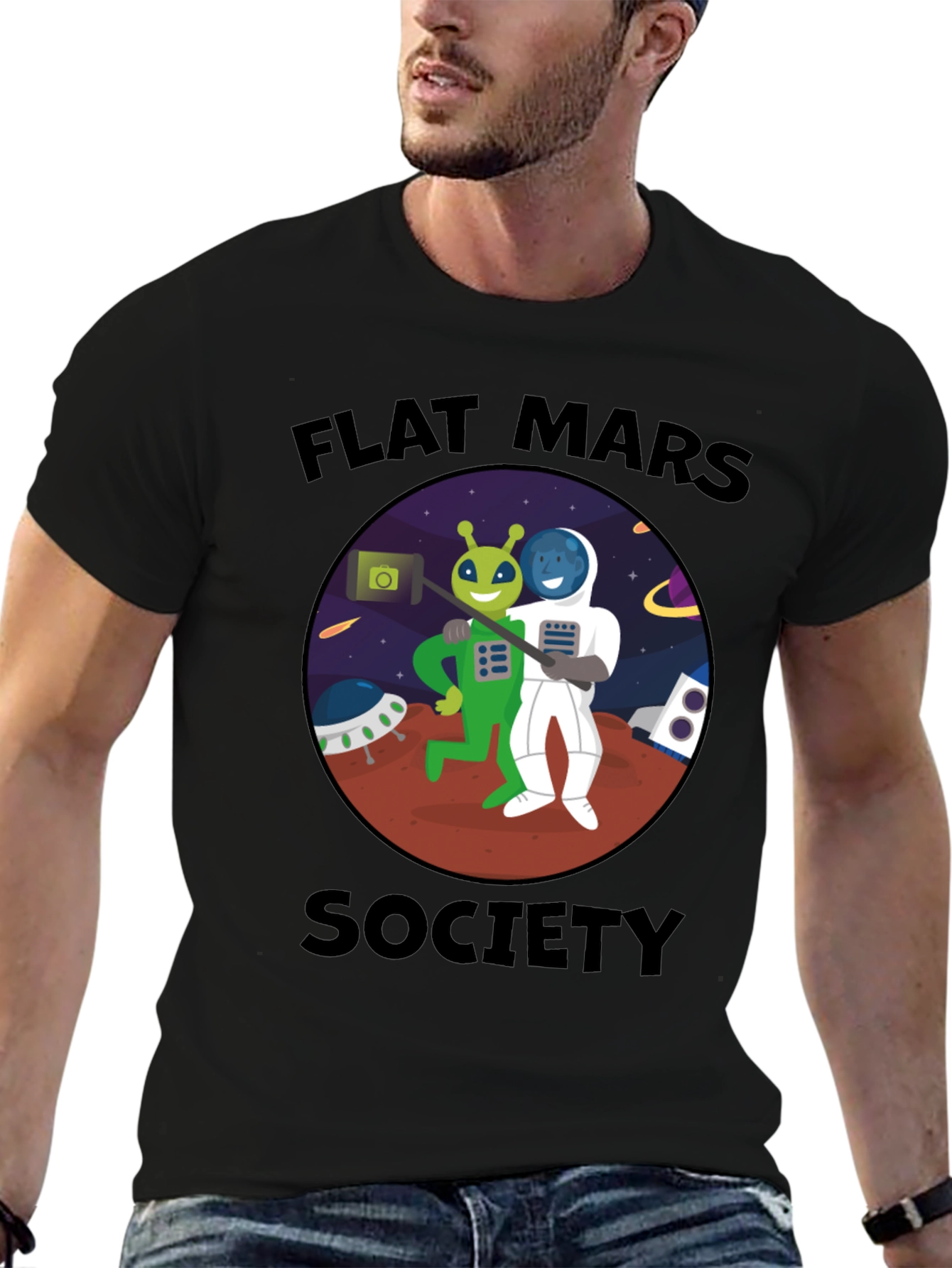 Flat Mars Society T-Shirt - Alien & Astronaut Selfie