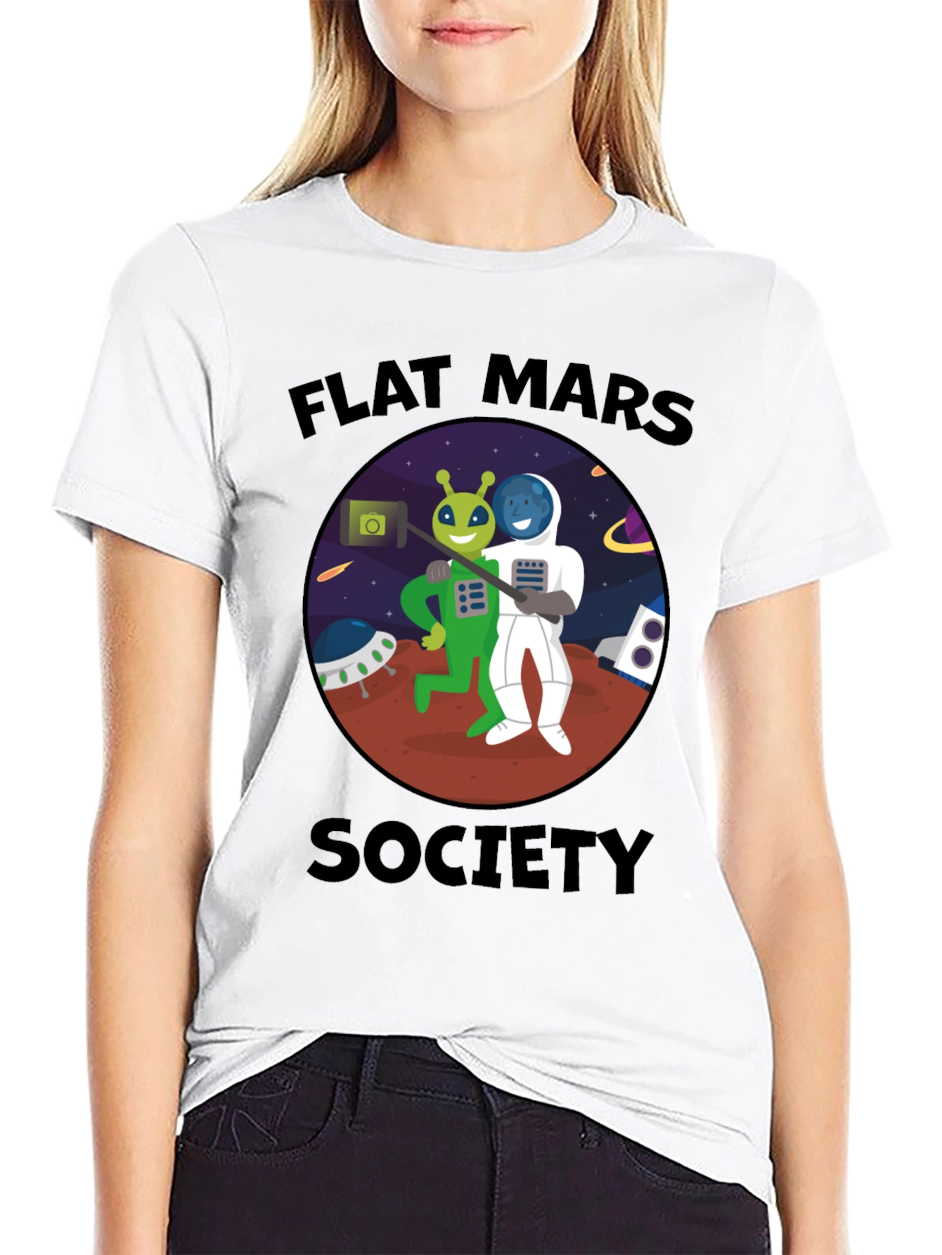 Flat Mars Society T-Shirt - Alien & Astronaut Selfie
