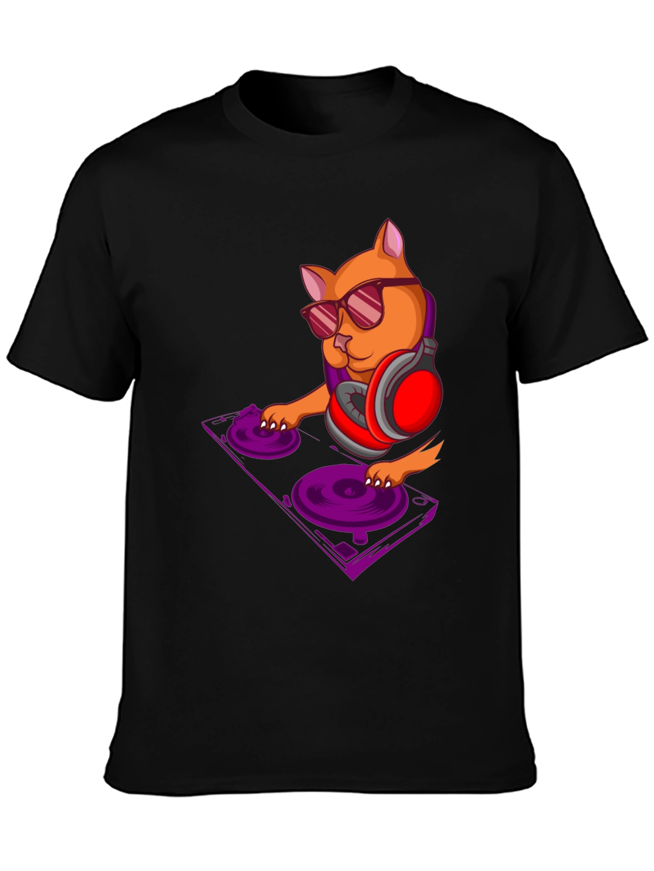 DJ Cat Graphic Tee - Trendy Black T-Shirt