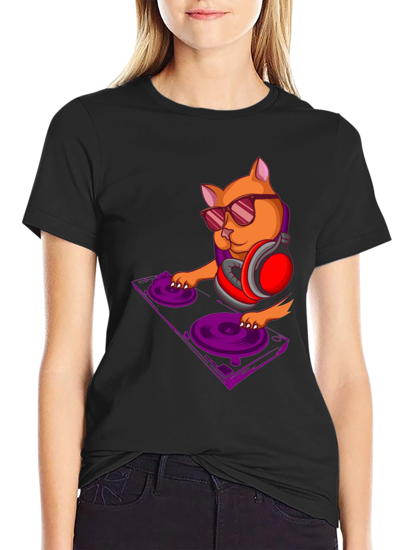 DJ Cat Graphic Tee - Trendy Black T-Shirt