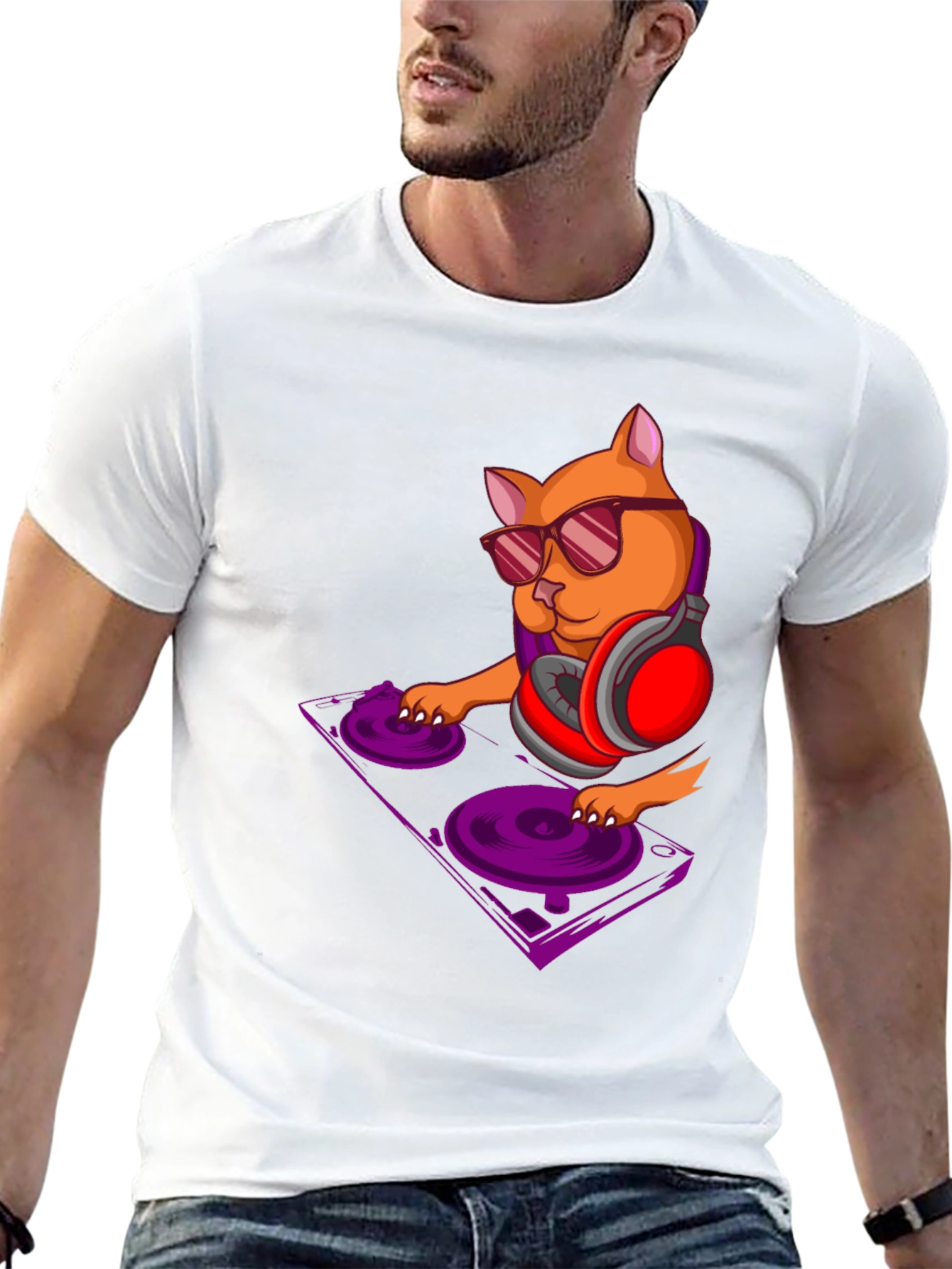 DJ Cat Graphic Tee - Trendy Black T-Shirt