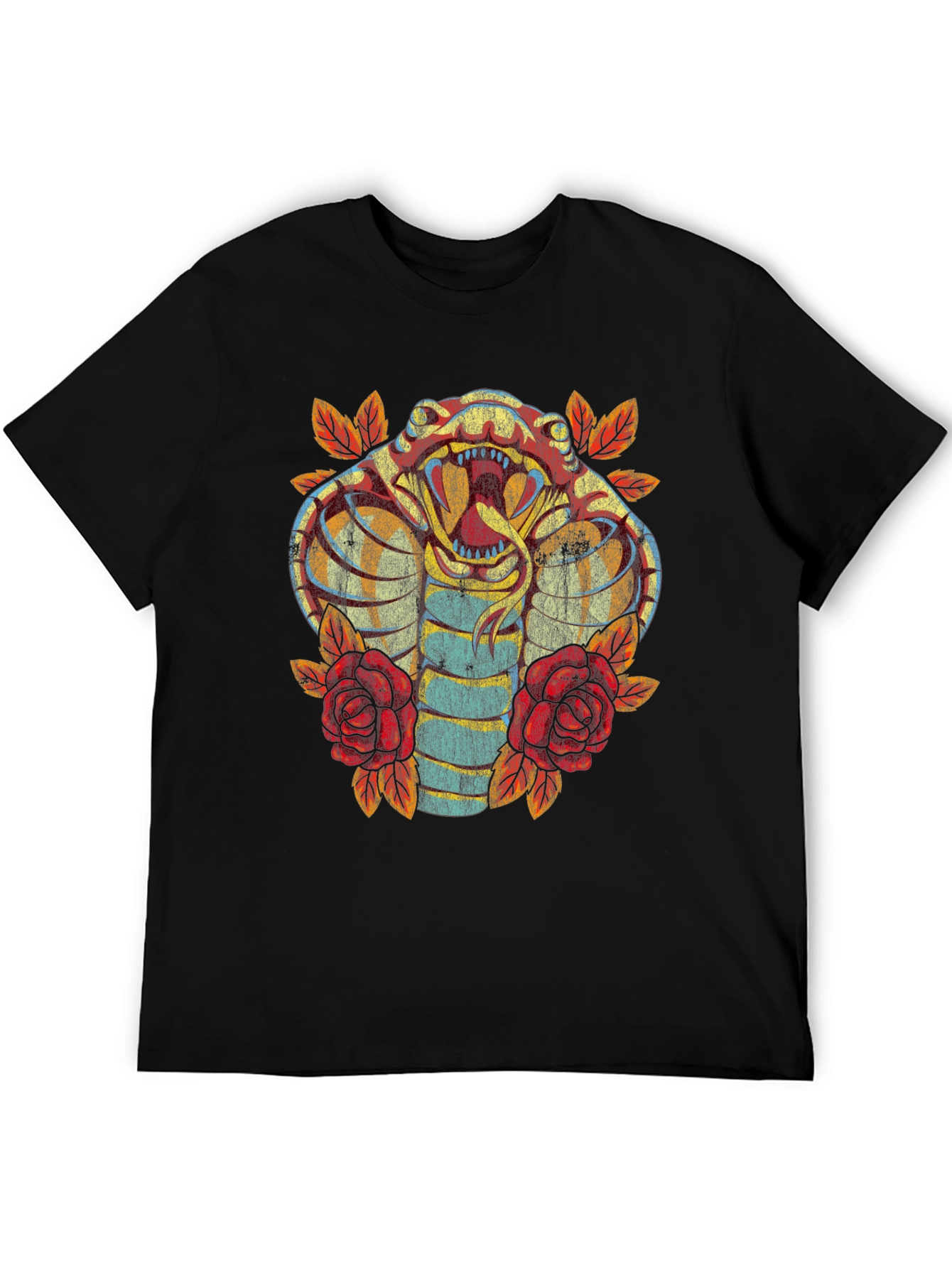 Cobra Snake & Roses Graphic Print Black T-Shirt