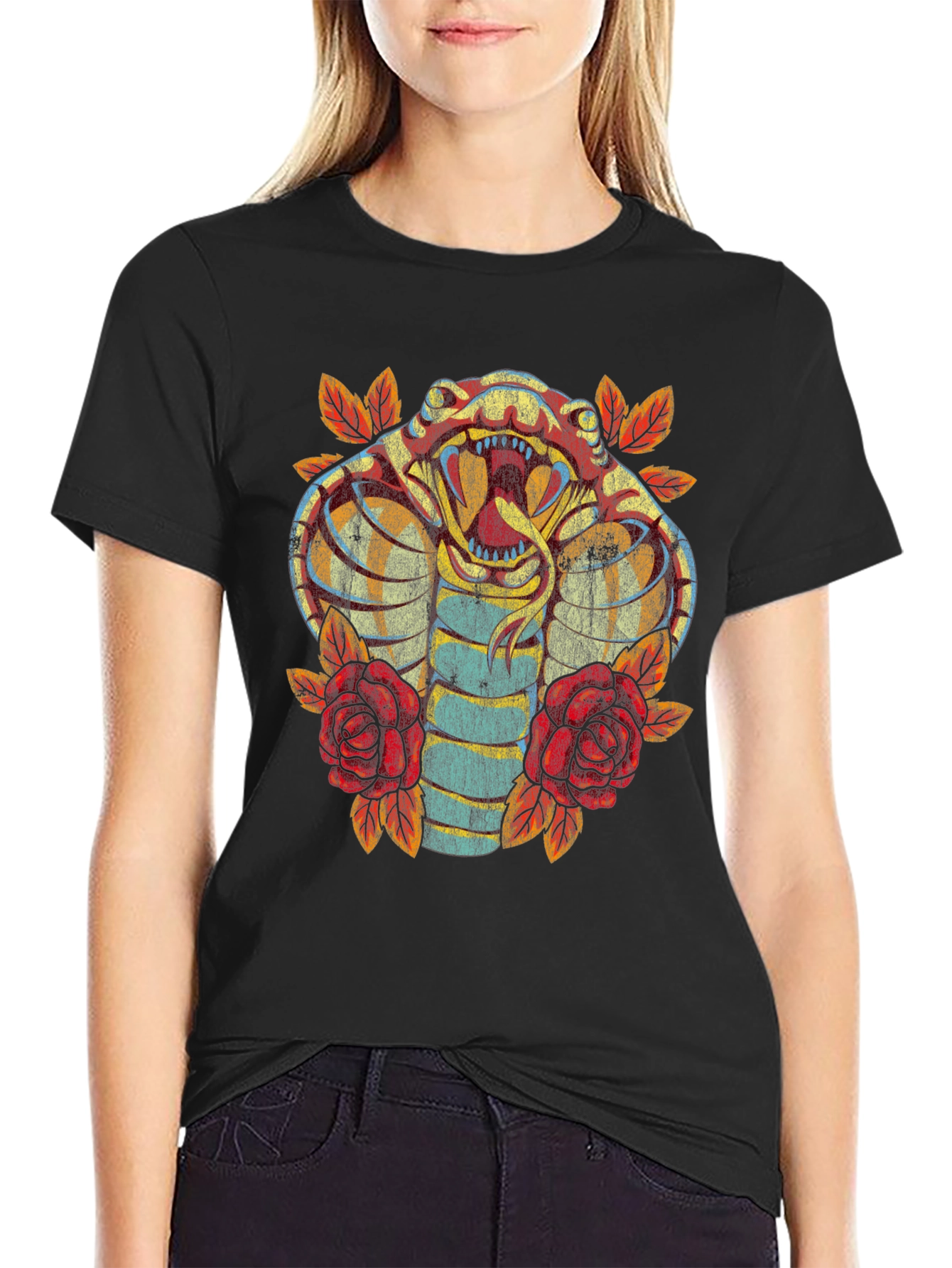 Cobra Snake & Roses Graphic Print Black T-Shirt