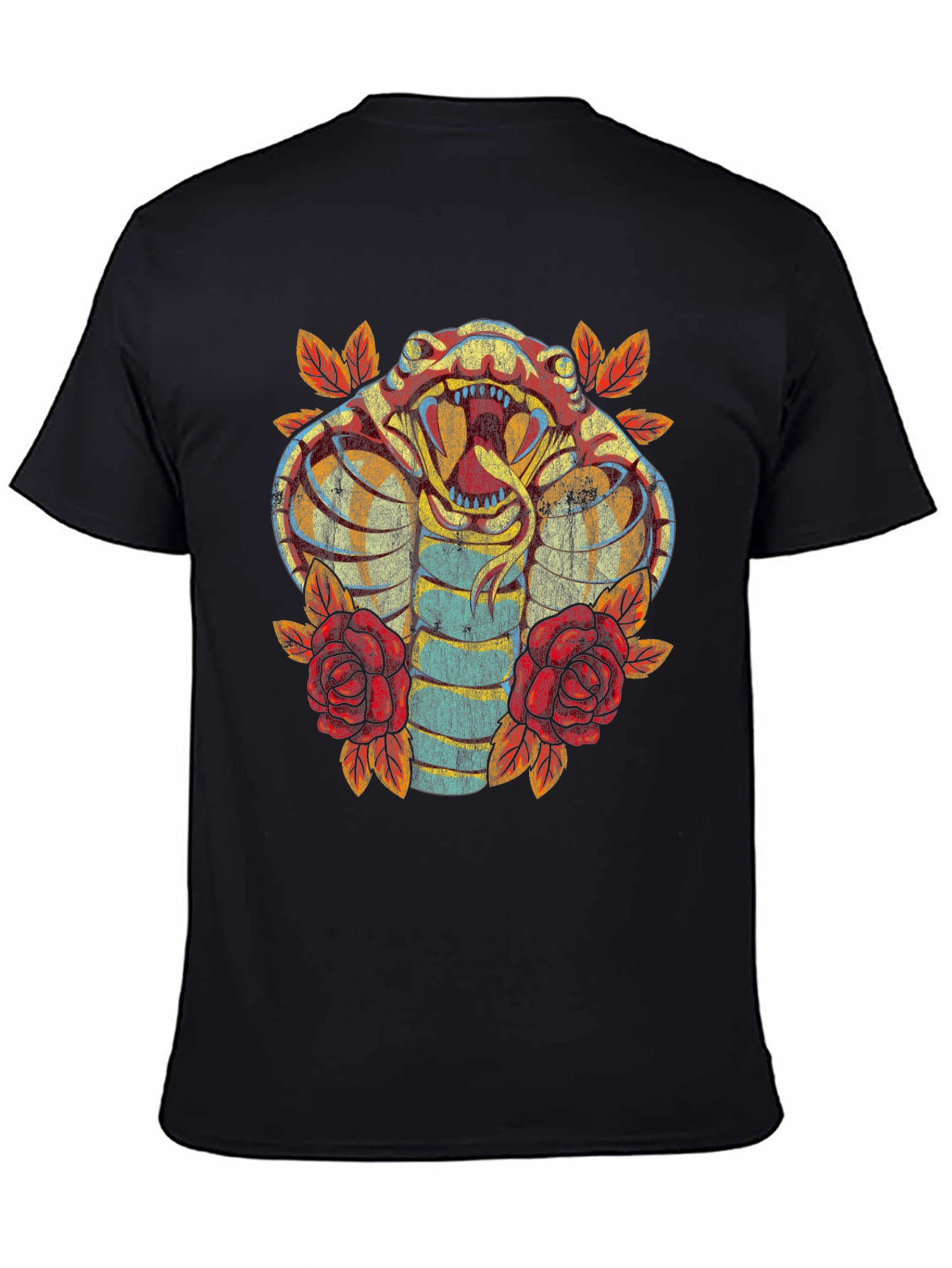 Cobra Snake & Roses Graphic Print Black T-Shirt