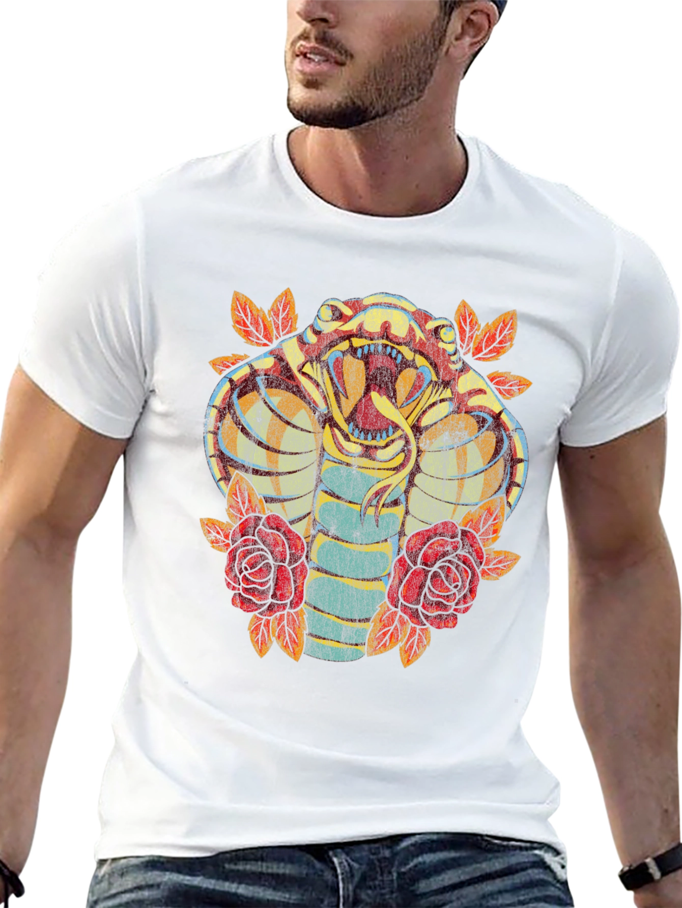 Cobra Snake & Roses Graphic Print Black T-Shirt