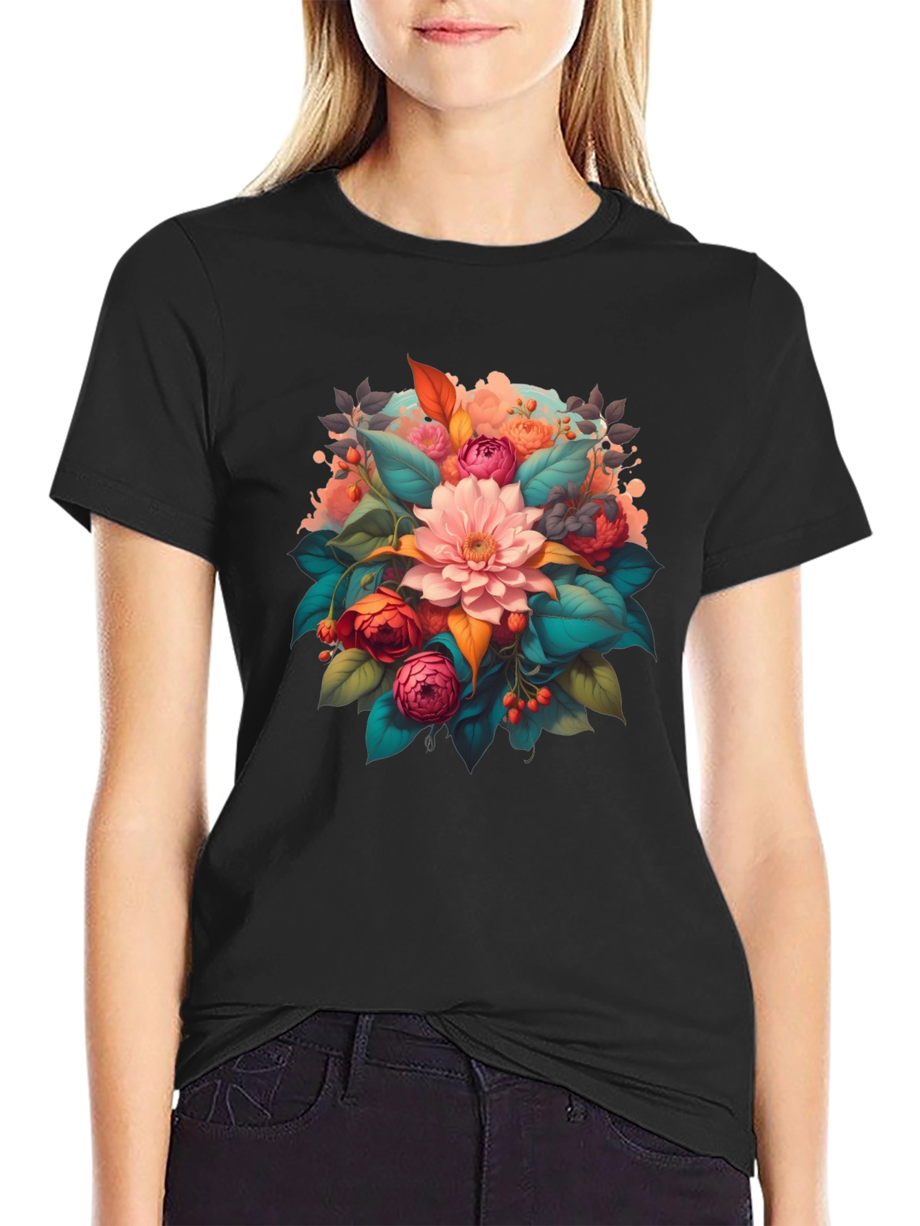 Floral Bouquet Graphic Print Black T-Shirt