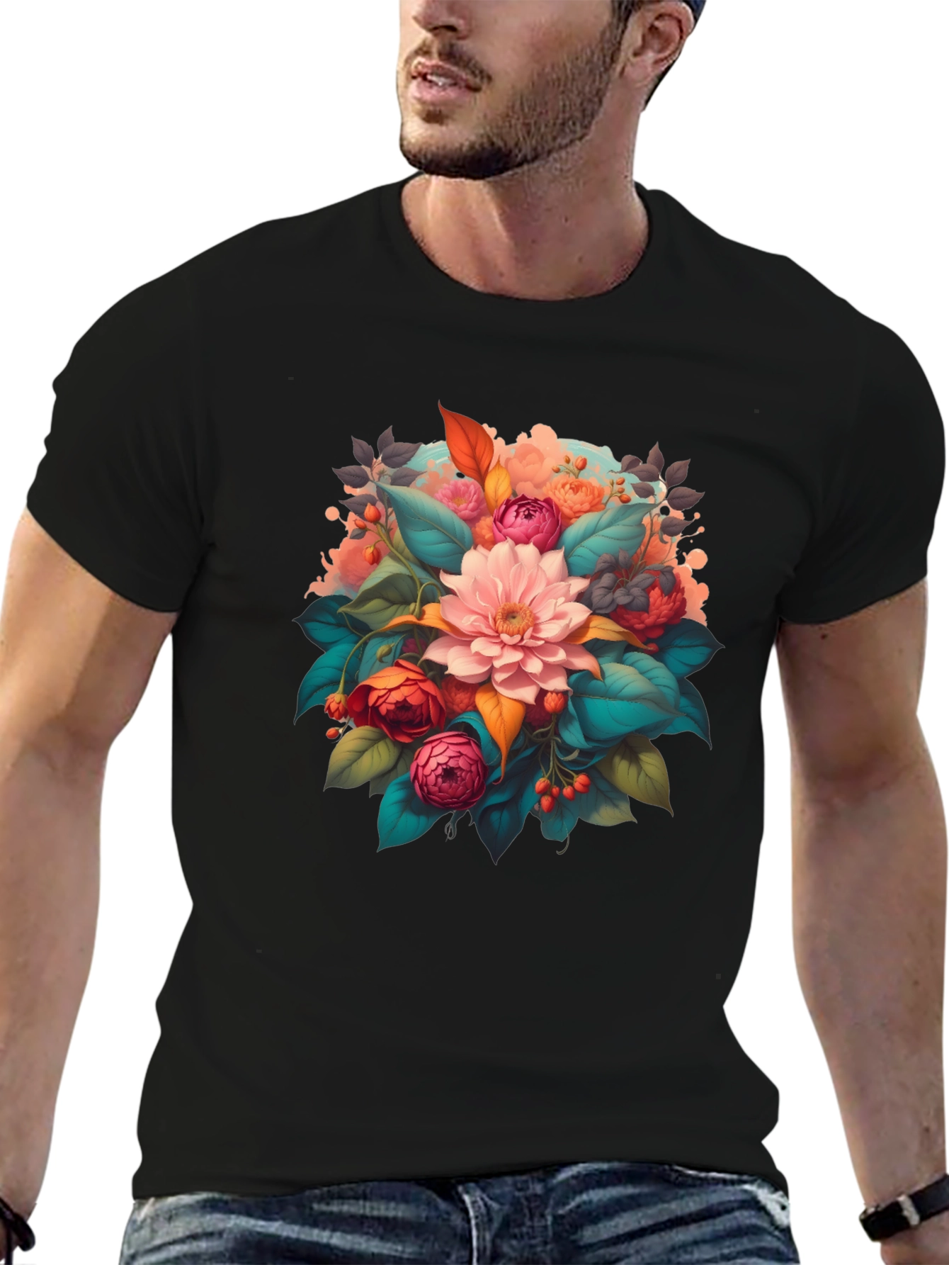 Floral Bouquet Graphic Print Black T-Shirt
