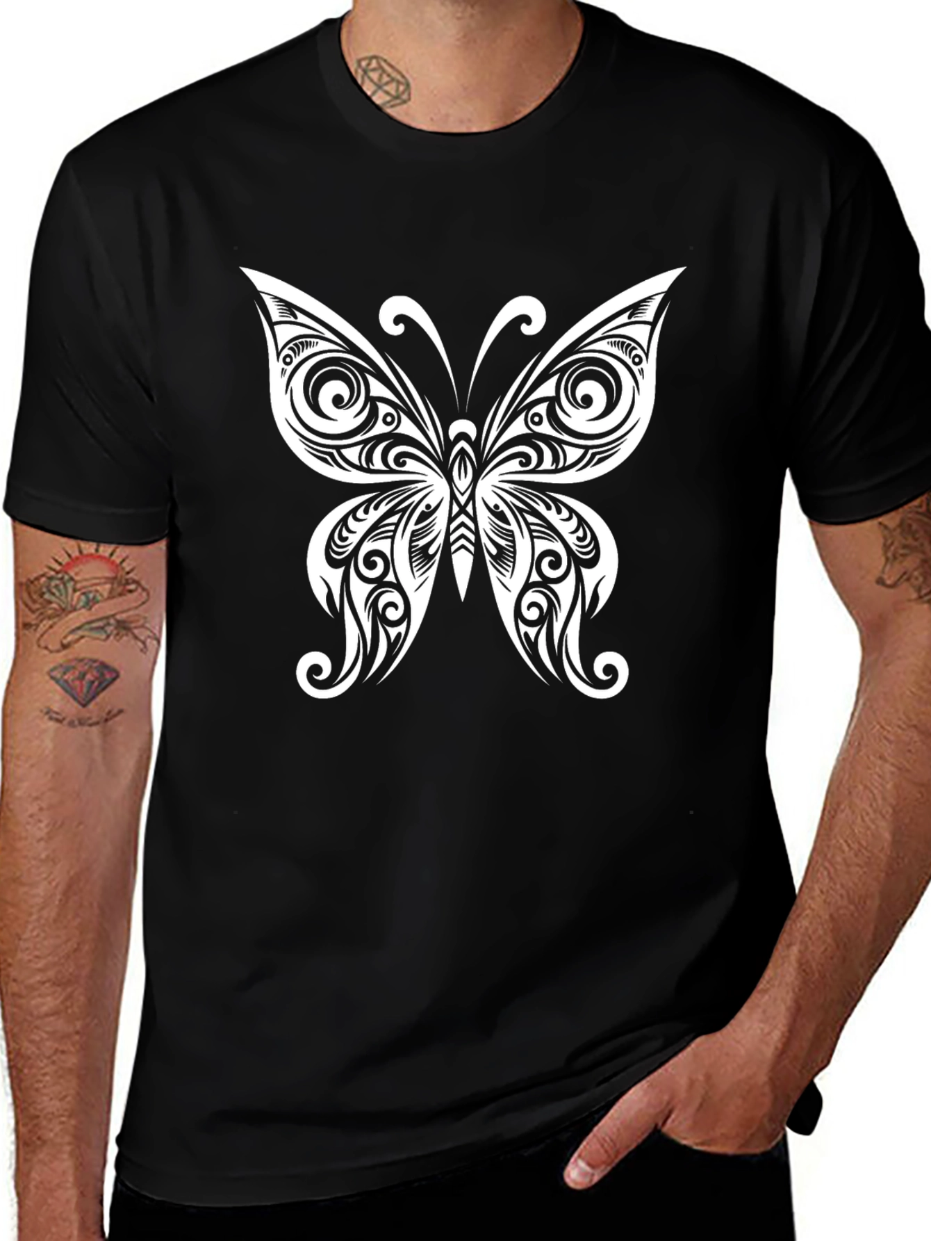 Butterfly Tattoo Style Graphic Tee - Black Cotton Blend